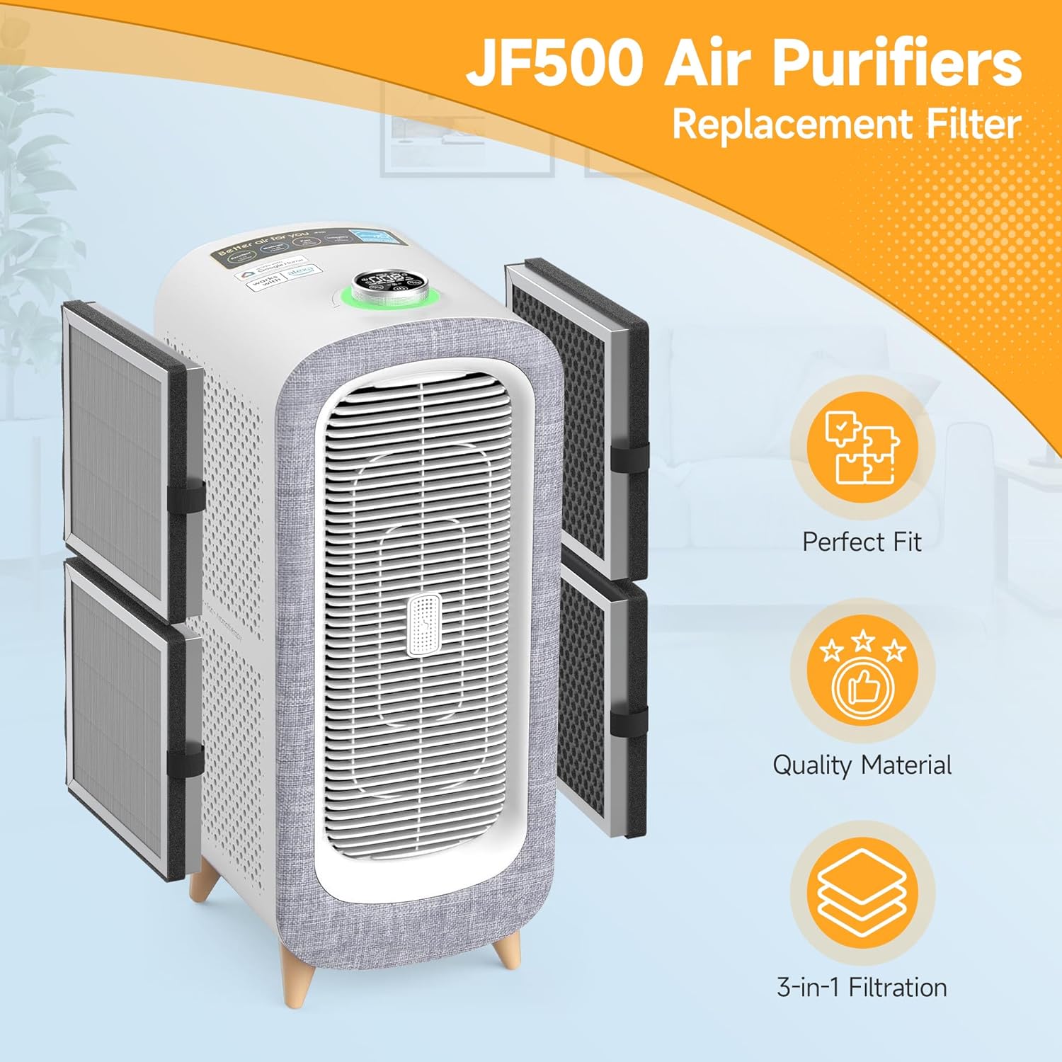 JF500 Replacement Filter Compatible with JF500 Air Purifier, 3-in-1 HEPA 13 Filtration System, 4 Pack - Image 2