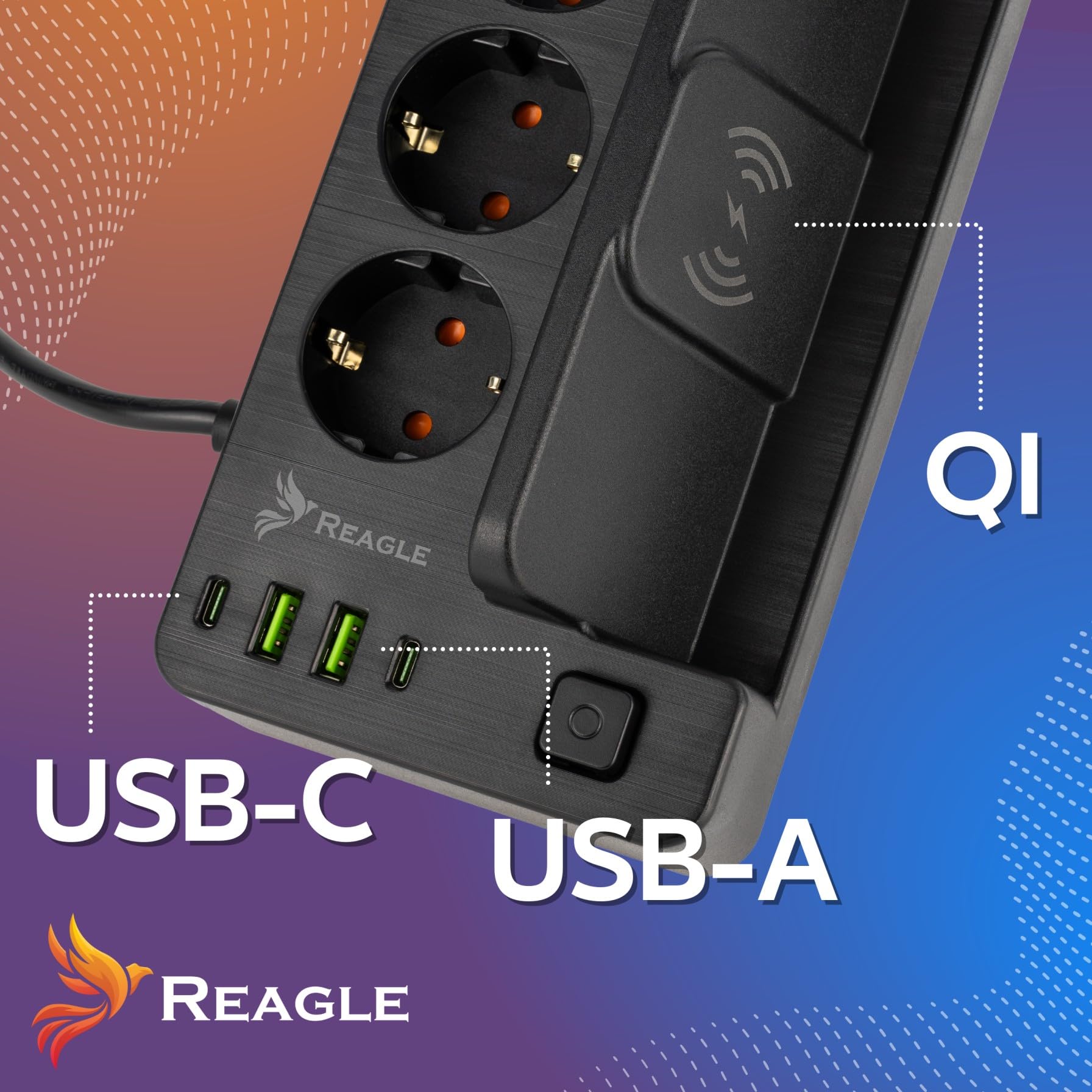 Reagle Listwa zasilająca z 4 portami USB, 3 gniazda, 230 V, z przełącznikiem Save Energy, oszczędzająca energię, do domowego biura z ochroną przed przepięciem 3 m
