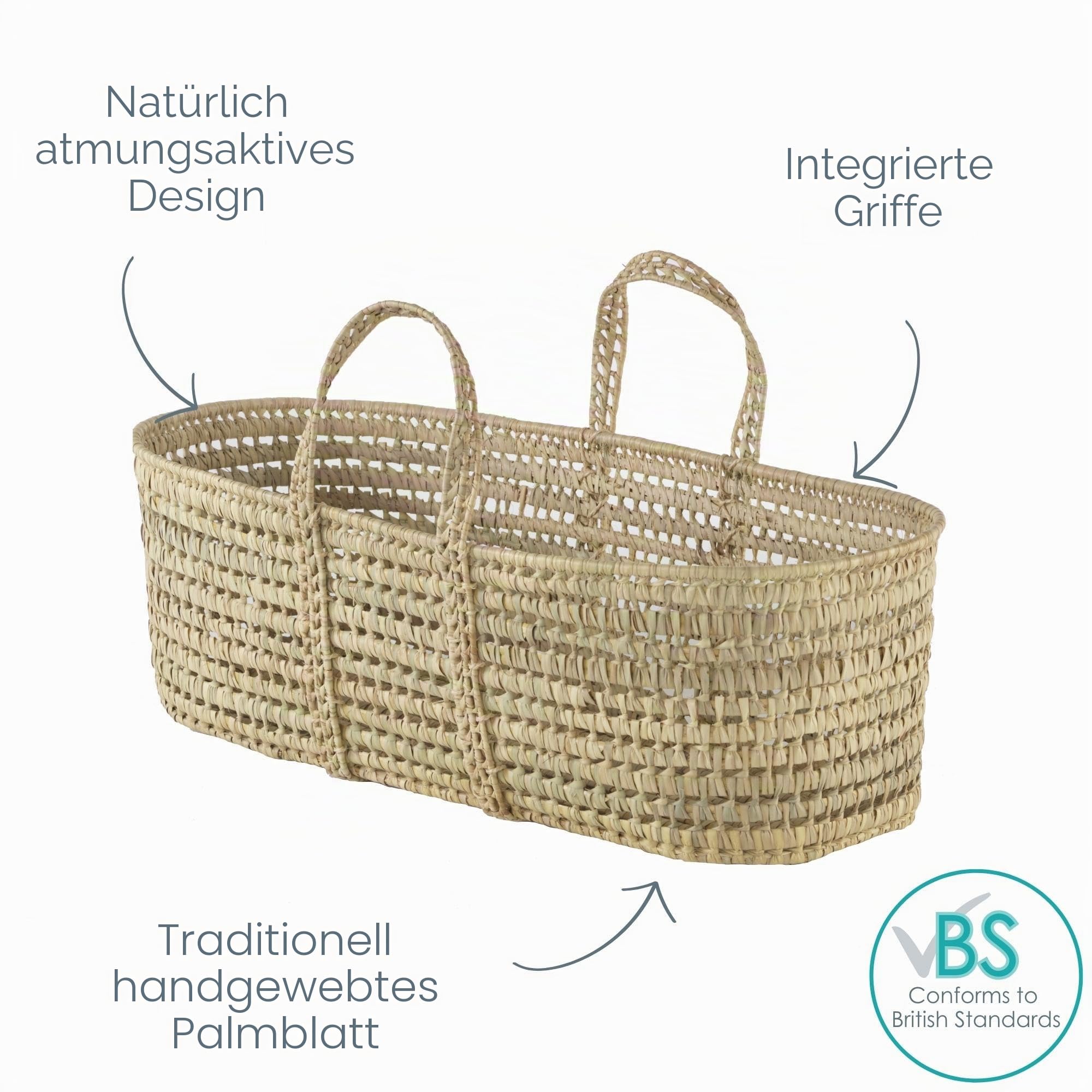 Clair de Lune Moseskorb aus natürlicher Palme, handgewebt und atmungsaktiv, für Neugeborene, geeignet ab der Geburt, natürliches 100% organisches Palmengewebe, Premium-Baby-Stubenwagen, 75 x 28 x 24