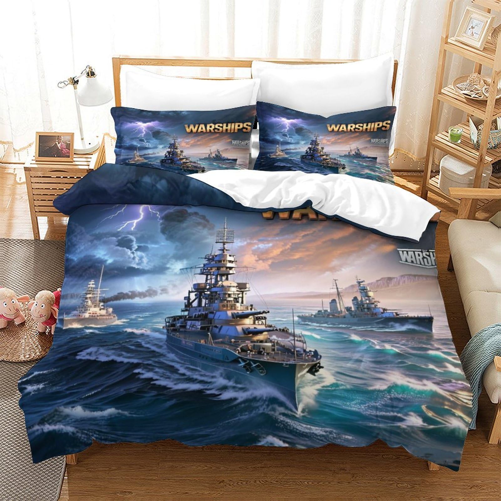 LILIlaobiao Kids & Adults Bismark Battleship Duvet Cover Double（200x200cm）, 3D Pattern WW2 Warship Bedding Set Hypoallergenic Quilt Cover with Hidden Zipper, Breathable