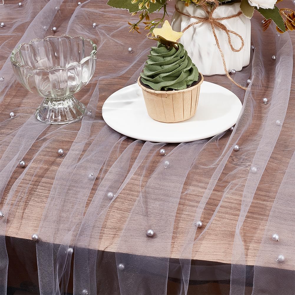 GORGECRAFT 160cm x 2 Yards Pearl Tulle Fabric Beaded Mesh Fabrics Soft Nylon Lace Net Cloth Wedding Accessories for Bridal Veil Party Dresses DIY Crafts Home Tablecloth Backdrop Arch Decor