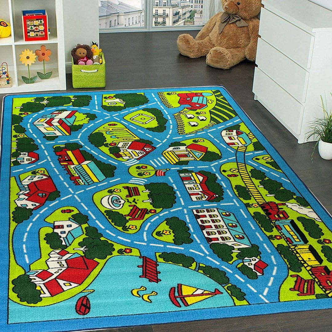 Mybecca Street map Sky Blue Light Kids Rug Play Mat for Floor 5'x7' (Approx:4'11