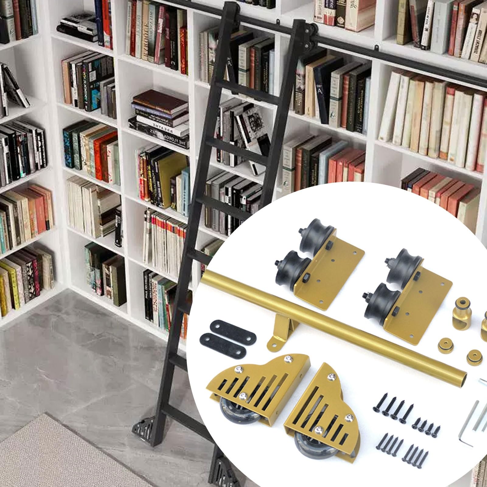 MRVAKDYDI Retractable Rolling Library Ladder Rails Kit, Steel Sliding Library Ladder Hardware Kit, Brake, Multiple Sizes Bookcase Loft Wine Cellar(12ft/366cm Track kit)