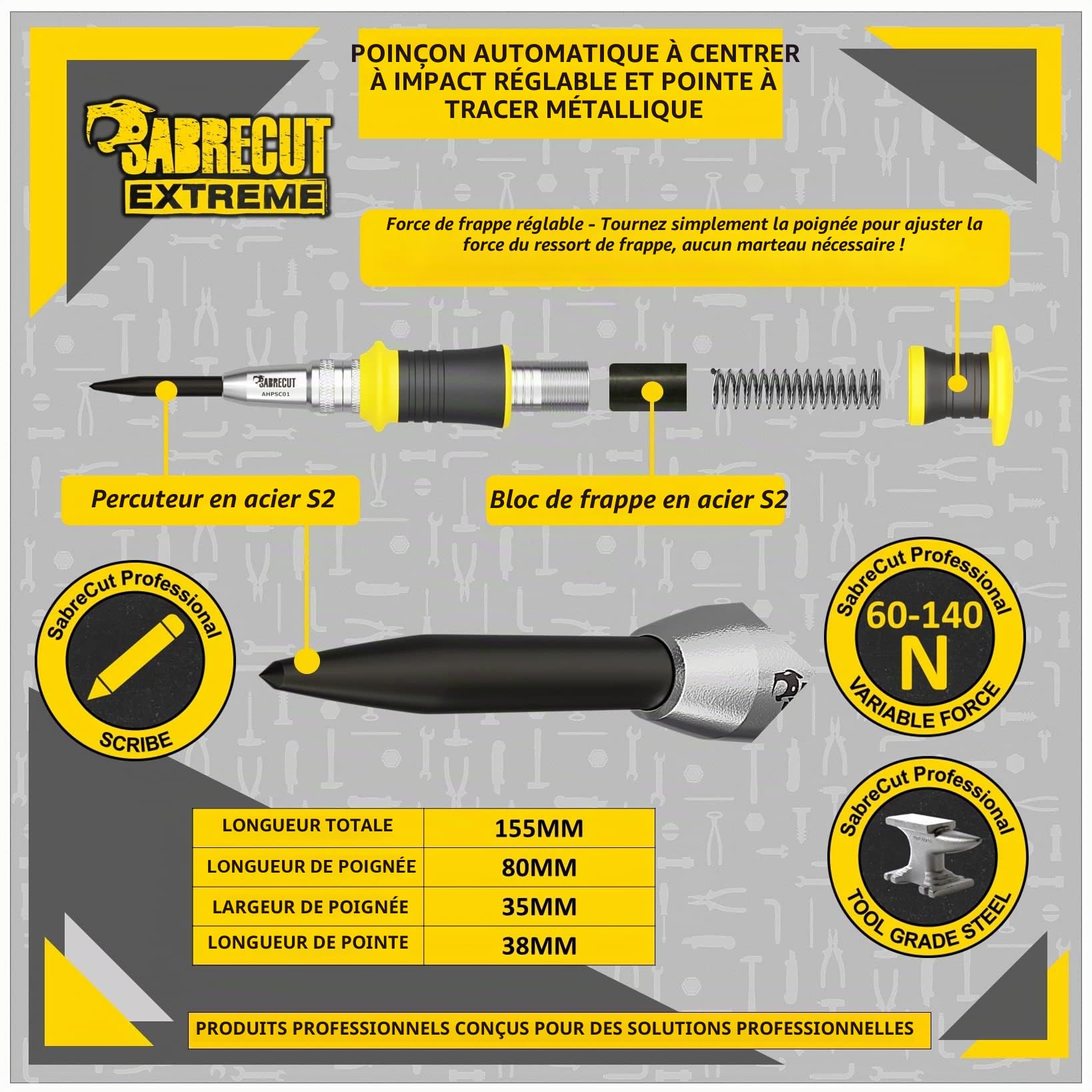 1 pièce SabreCut AHPSC01 Perforatrice centrale à ressort automatique robuste avec force de frappe réglable 60-140 Newtons Convient au métal au bois au plastique et à de nombreux autres matériaux