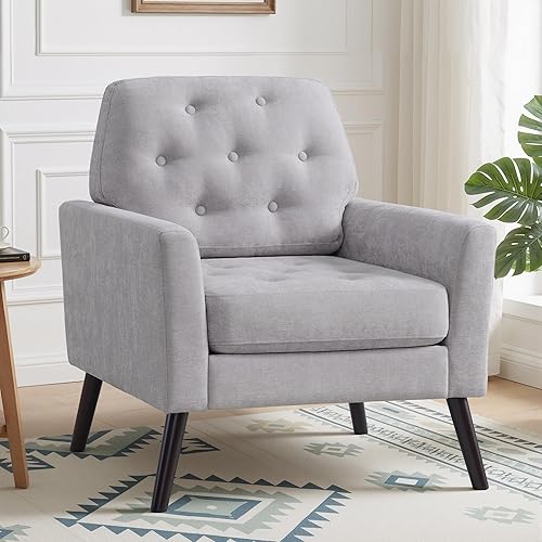 Miniatura 20 de Silla decorativa para sala de estar, silla de lectura moderna de mediados de siglo, sillón tapizado con respaldo copetudo y patas de madera, sofá PU