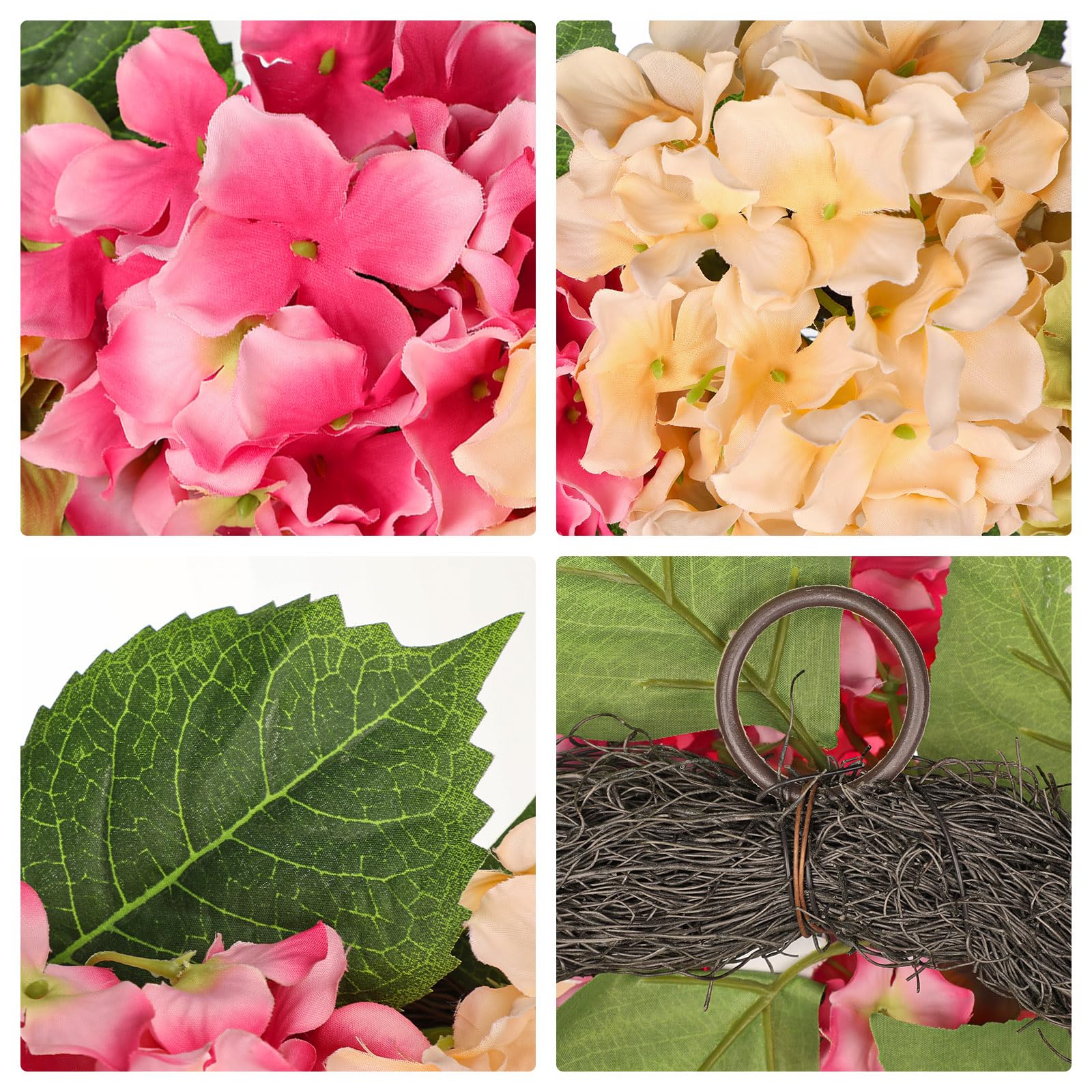 50cm Künstliche Hortensie Kranz Faux Blume Kranz, Faux Rosa Beige Grün Hortensie Dekorativen Kranz für Haustür, Mantel, Wand, Bauernhof Deko
