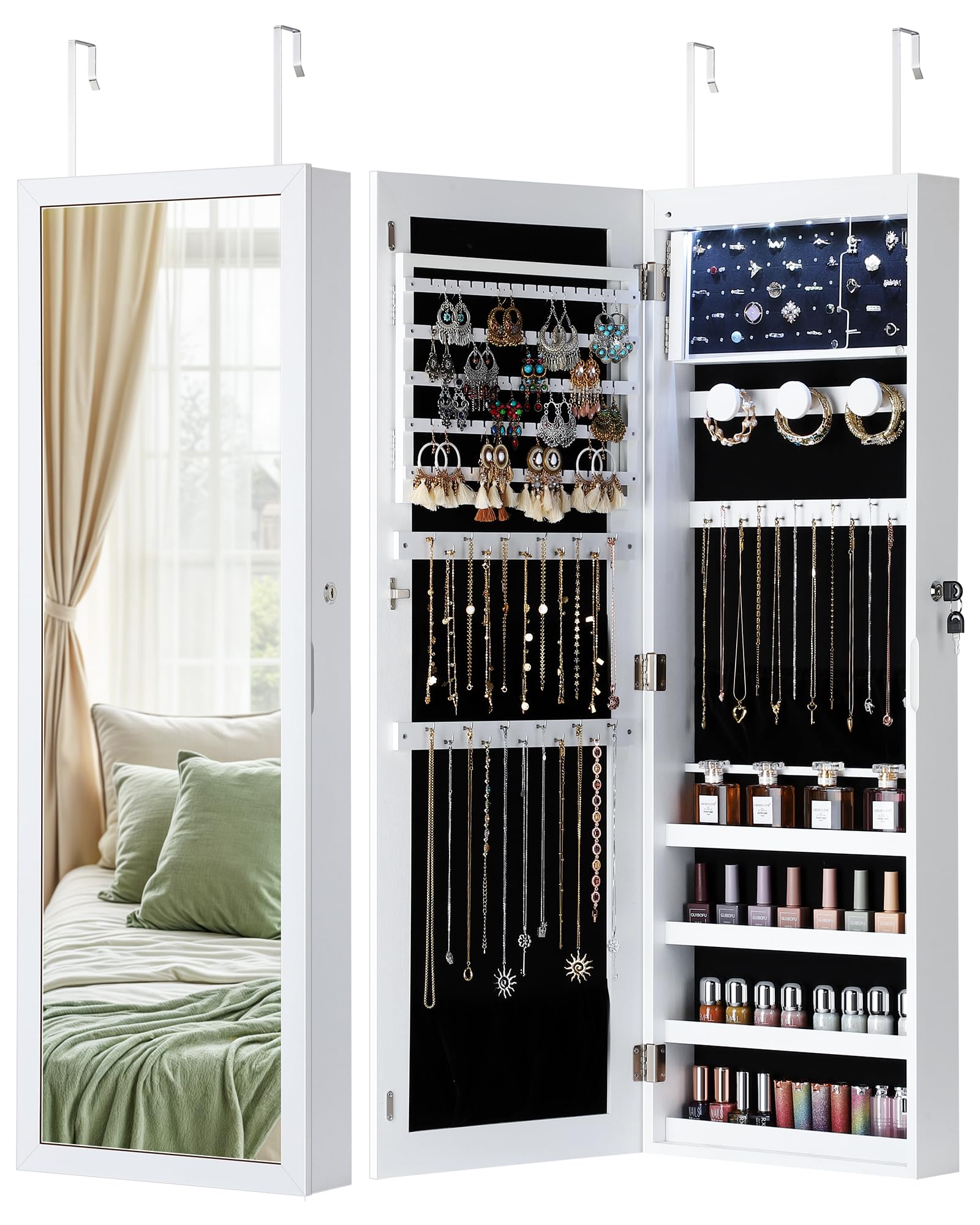 NicetreeNicetree 6 LEDs Mirror Jewelry Cabinet, Jewelry Organizer with Full Length Mirror, Wall/Door Mounted Jewelry Organizer, Full Length Mirror with Storge (Textured White)