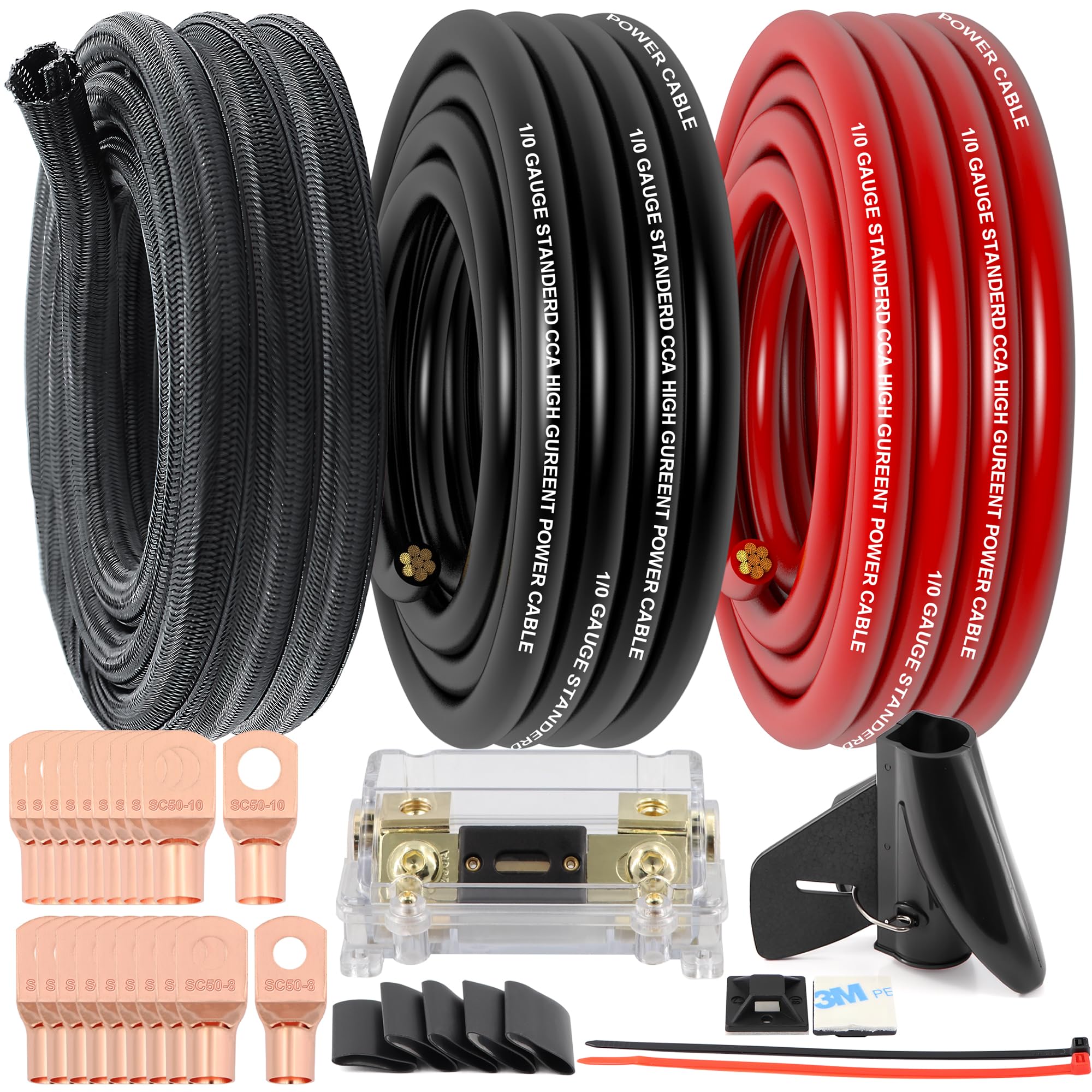 1/0 Gauge Wire Copper Clad Aluminum CCA (20Ft Each Black/Red) Primary Automotive Wire,250A ANL Fuse Holder with 40Ft 1/2