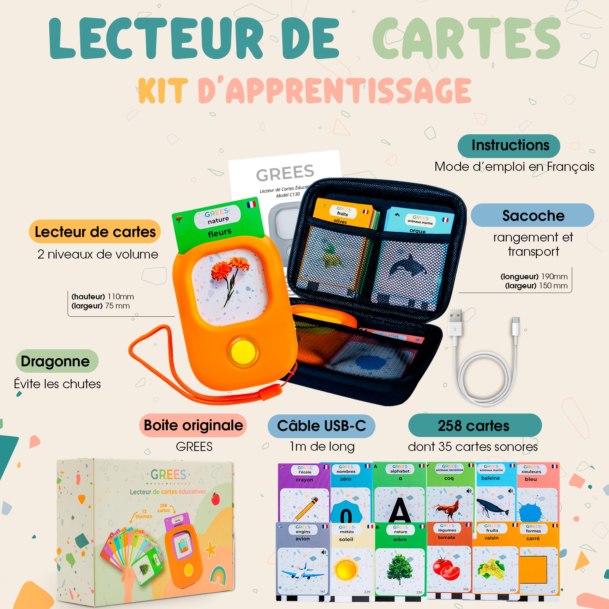 GREES Jouet Éducatif Montessori – Lecteur de Cartes Parlantes Français 258 Mots + Sacoche de Rangement | Jeu sans Écran Enfant 2-6 Ans | Flashcards Lettres Chiffres Animaux | Cadeau Fille Garçon
