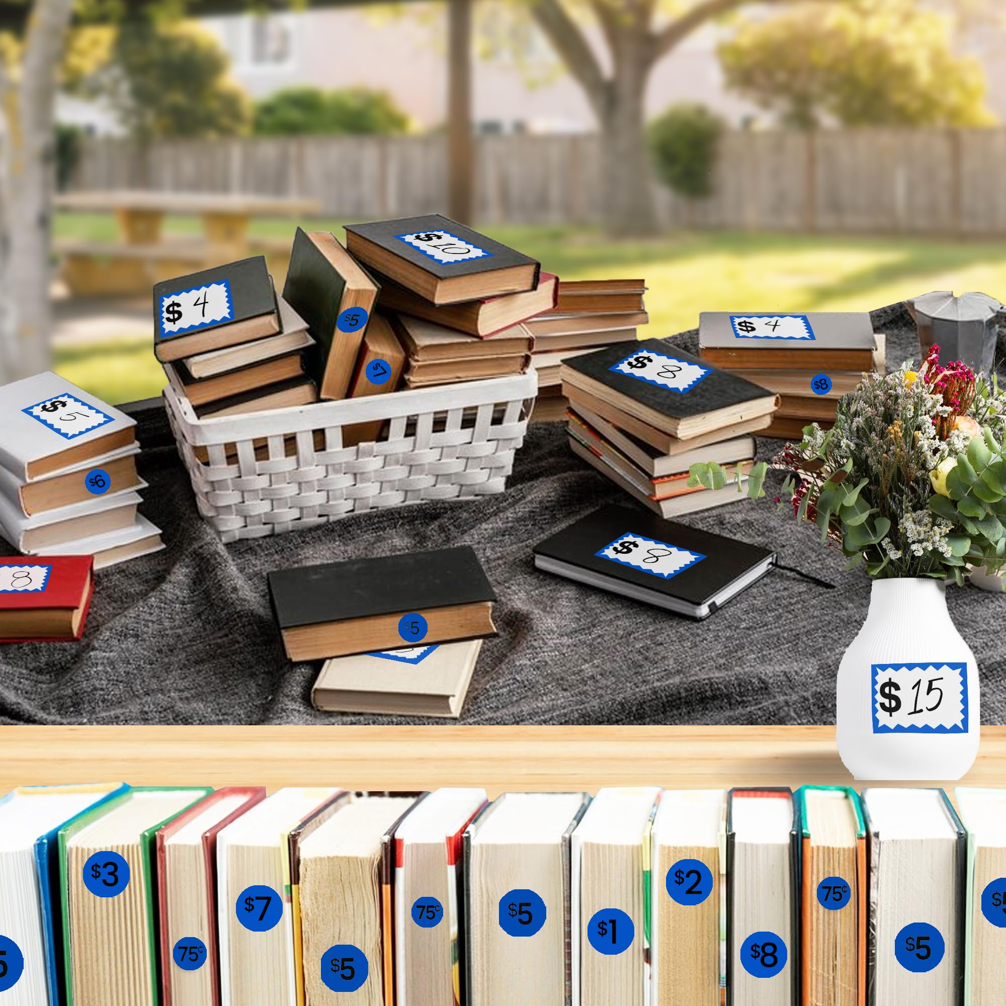 Calcomanías de precios de venta de garaje, 28 hojas, 1,100 calcomanías azules preprecio y en blanco, etiquetas de precio fáciles de leer para precios efectivos, ideal para ventas de patio, mercados de