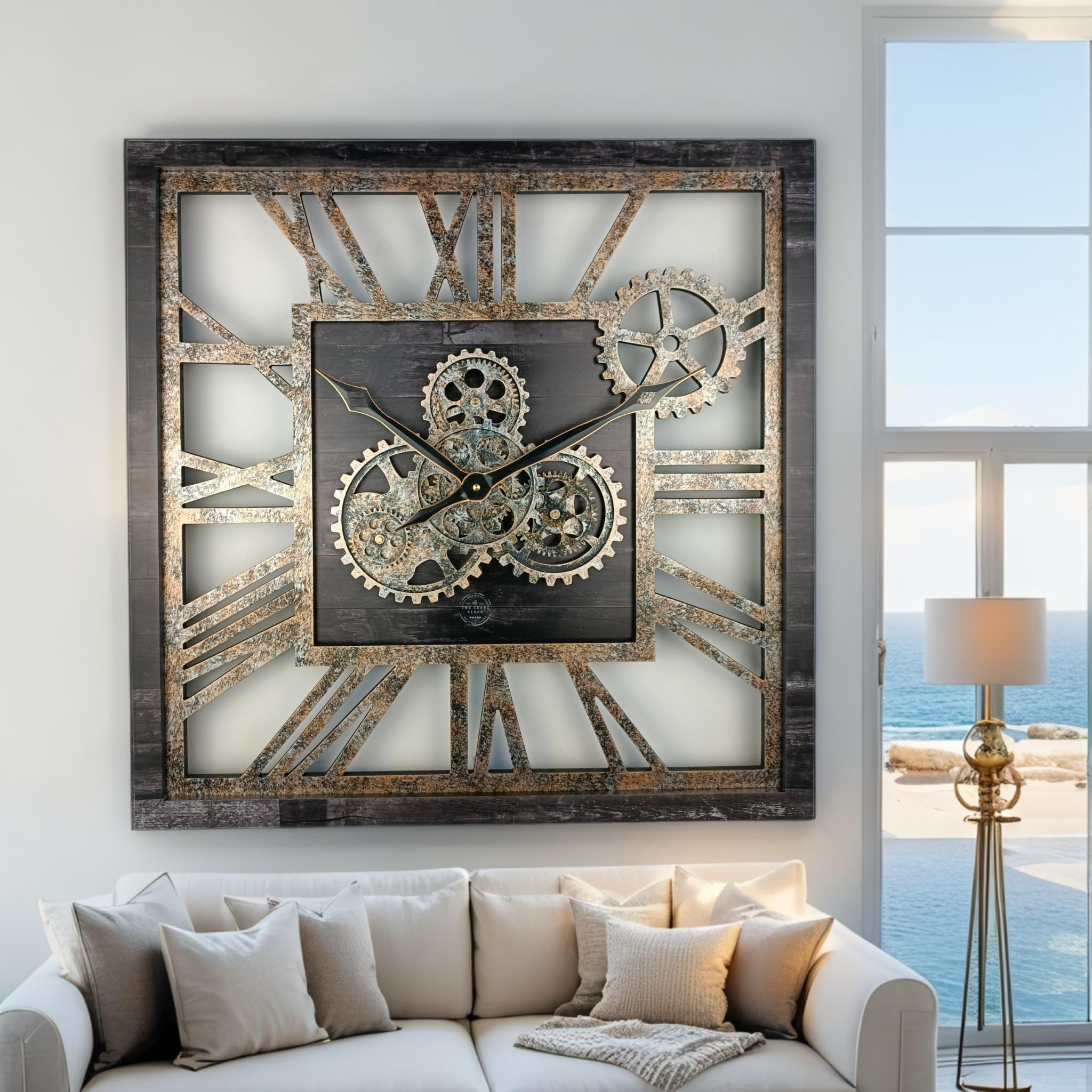 ImprovingLife The Gears Clock Horloge murale carrée de 61 cm à engrenages mobiles réels de style vintage industriel rustique surdimensionné (Noir vintage)