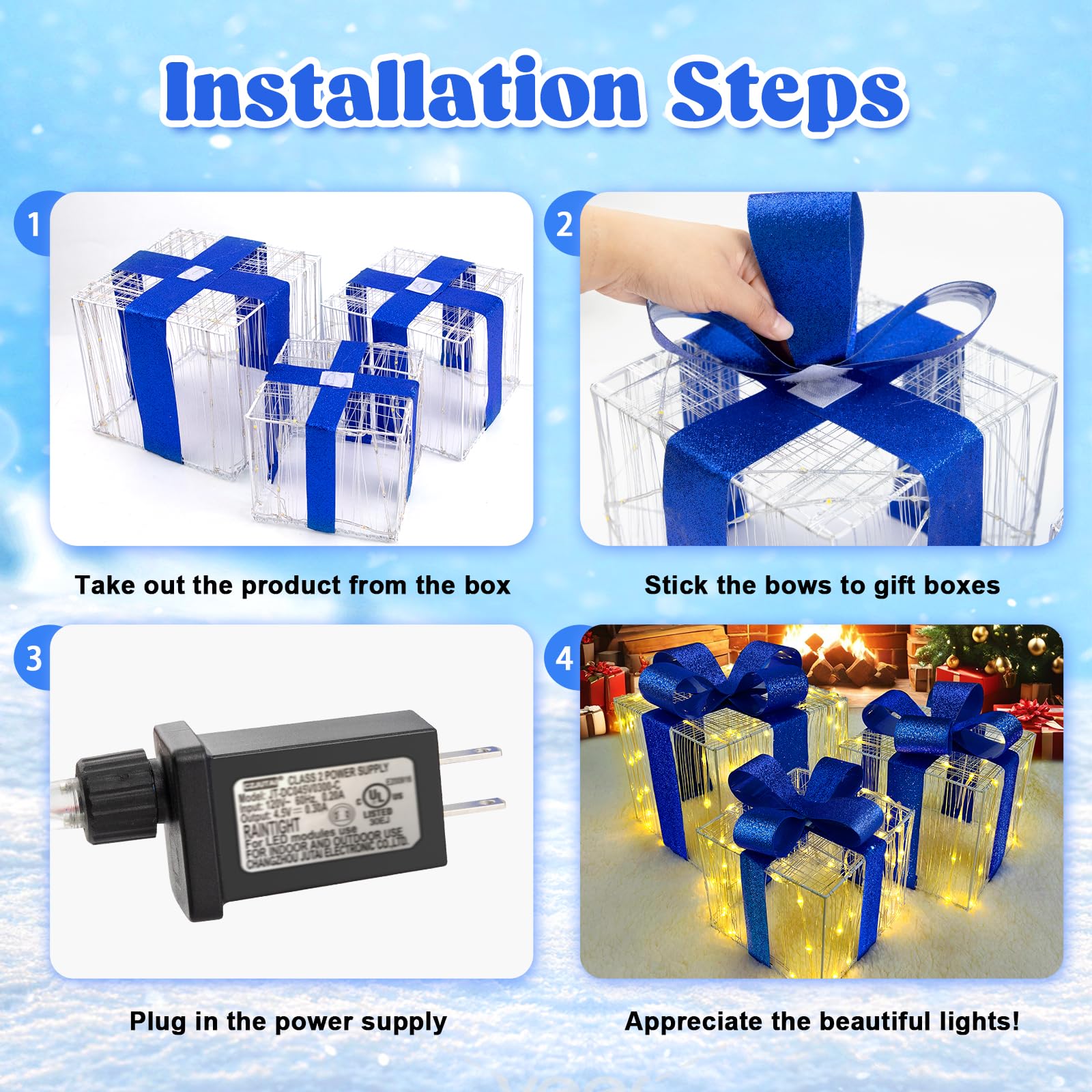 Set di 3 scatole regalo con luci di Natale, 140 luci a LED, scatole regalo con fiocchi blu brillante per albero di Natale, patio, casa, decorazione per interni ed esterni