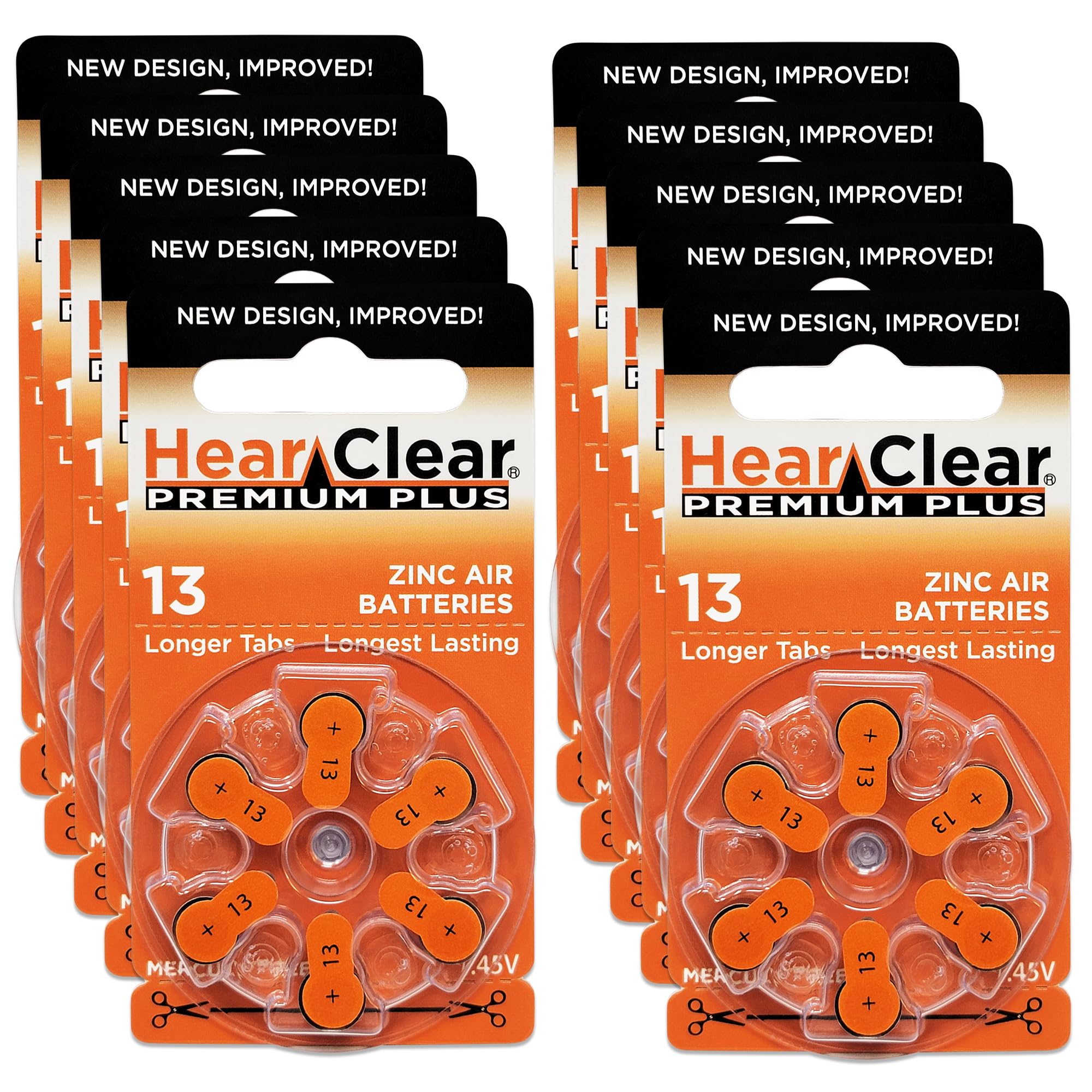 HearClear Size 13 PR48 Hearing Aid Batteries 1.45V Orange Tab (60 Batteries)