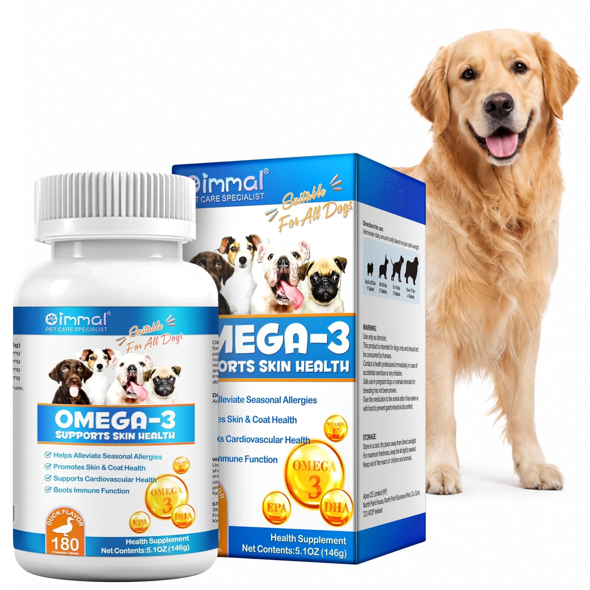 Omega 3 6 9 for Dogs, 180 Chewable Tablets - Natural Coat Supplement, Itchy Skin Relief, Enhance Joint Health, Promotes Heart Health, Cognitive Functions, DHA, Duck Flavour