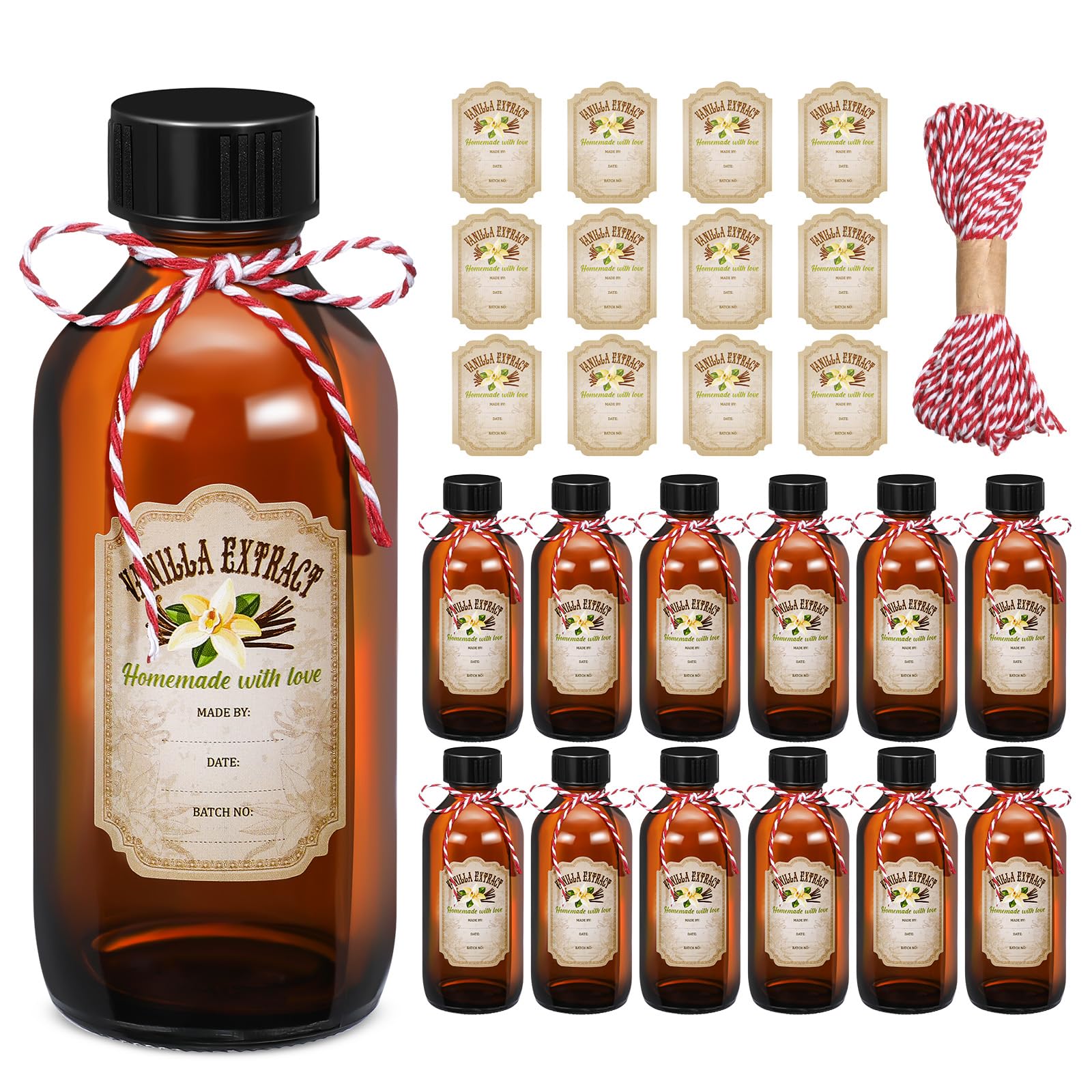 Uiifan 12 Pack Amber Glass Bottle Boston Round Bottles with Caps Brown Vanilla Extract Jars and 12 Pcs Vanilla Extract Stickers for Syrup Gift Glass