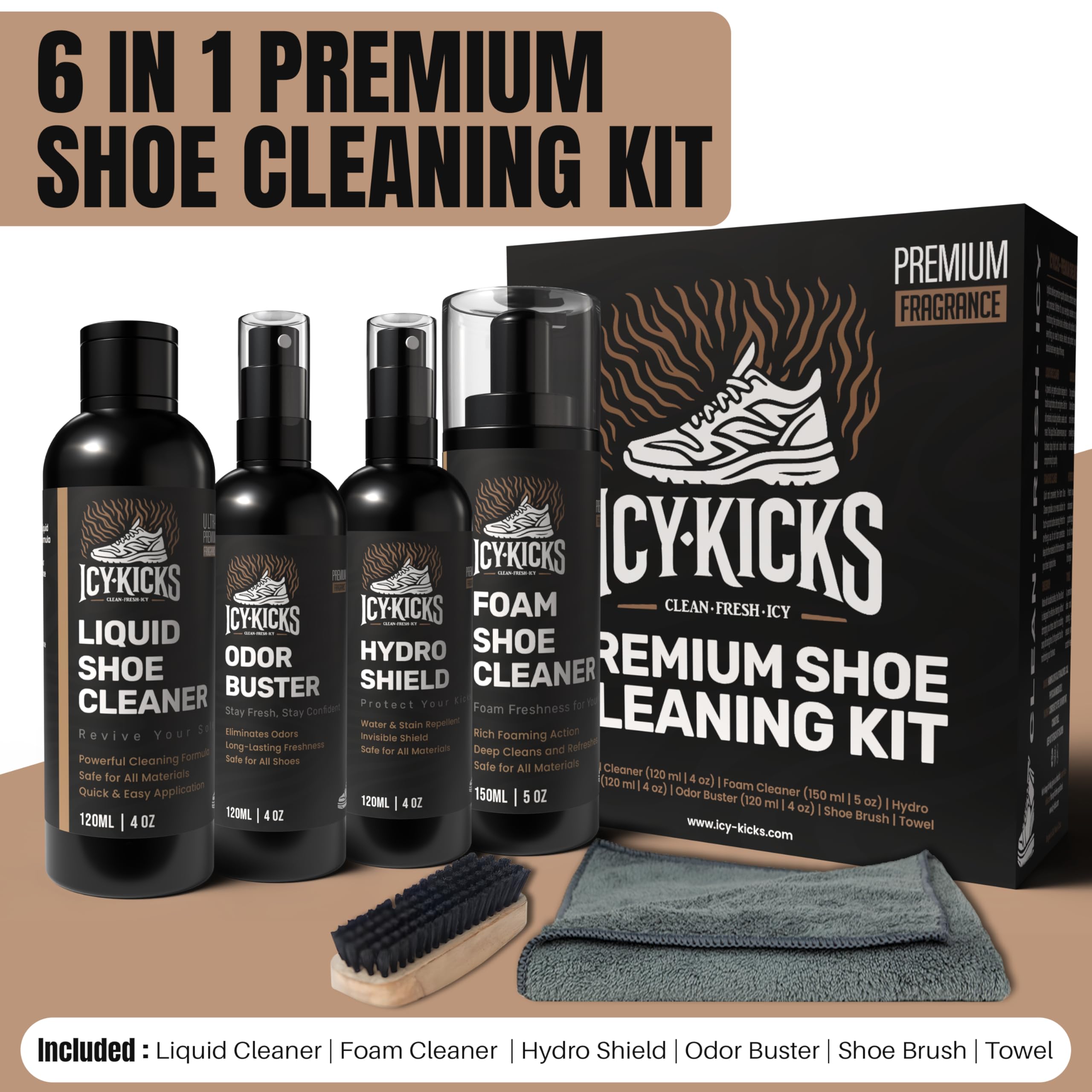 ICYKICKS - Kit de limpieza de zapatos 6 en 1 de alta calidad: líquido, espuma, repelente al agua, eliminador de olores, cepillo y toalla para tenis, cuero, lona, Multi, Standard