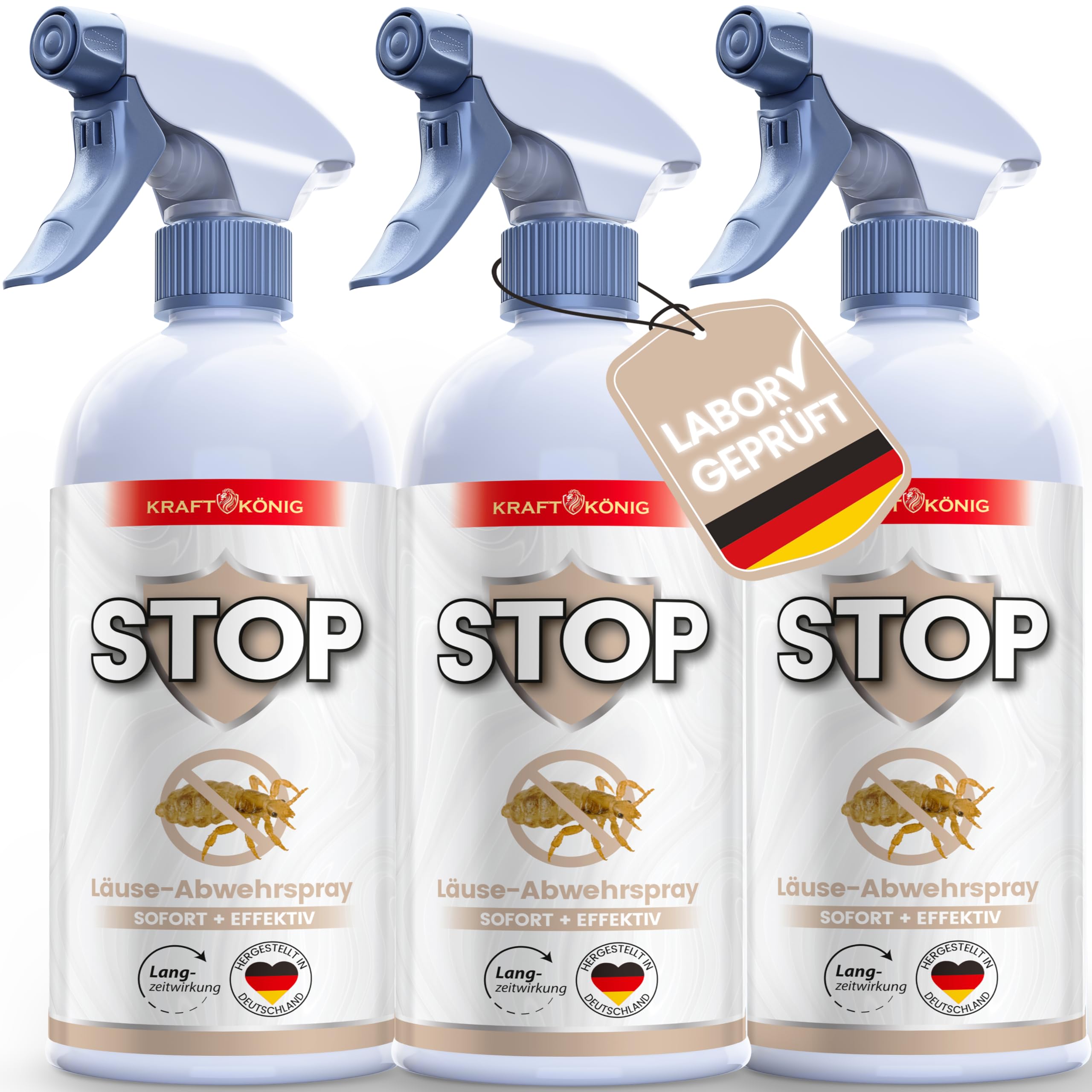 KRAFTKÖNIG Läuse Abwehrspray 3x 500 ml – Hochwirksames Läusespray für Umgebung, Möbel & Textilien – sofort einsatzbereit mit Langzeitschutz gegen Läuse & Nissen, Made in Germany