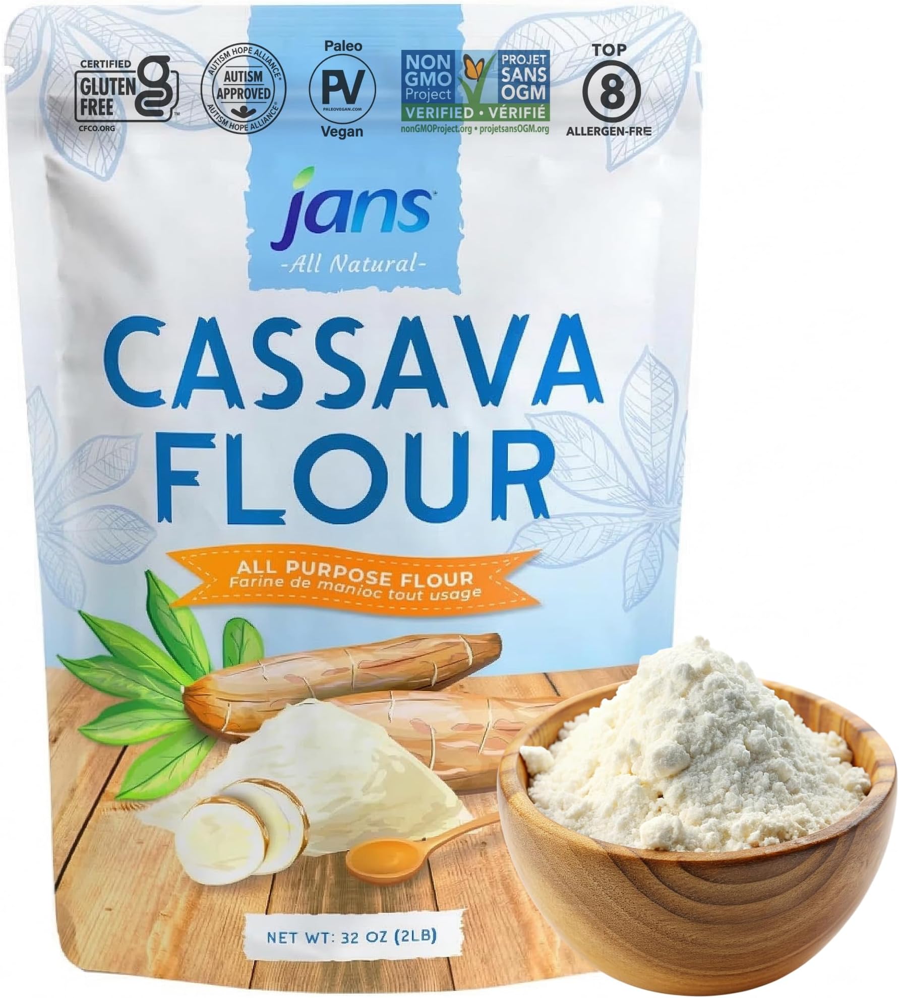 Jans All-Natural Cassava Flour All-Purpose Flour Alternative, 2 lbs, Non-GMO & Gluten-Free, Grain-Free, Paleo, AIP & Vegan Friendly