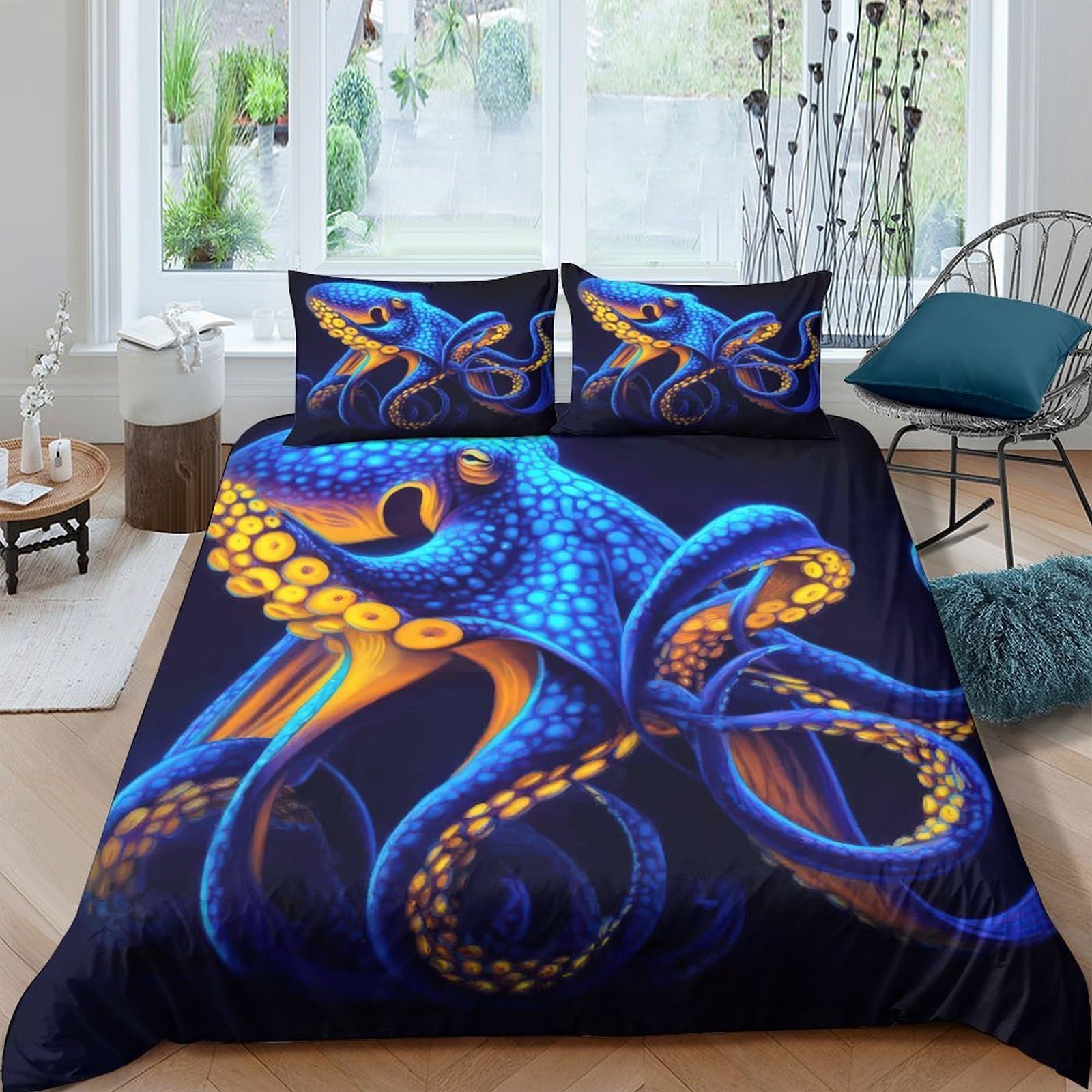 TUFRTGYHN 3D Printed Blue Octopus Duvet Cover Microfiber Soft Bedding Set with 2 Pillowcases for Bedroom Decor, Breathable, Single（135x200cm）