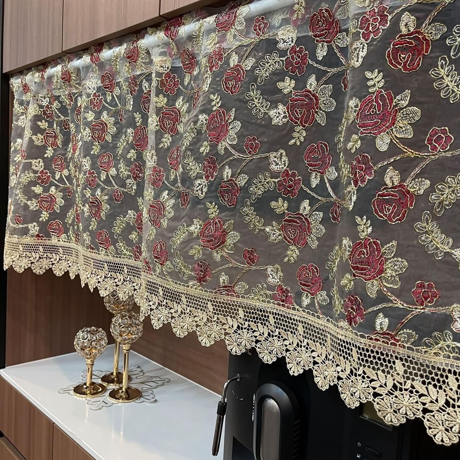 56 cm długie krótkie zasłony czerwone khaki, koronkowe kwiatowe zasłony kuchenne