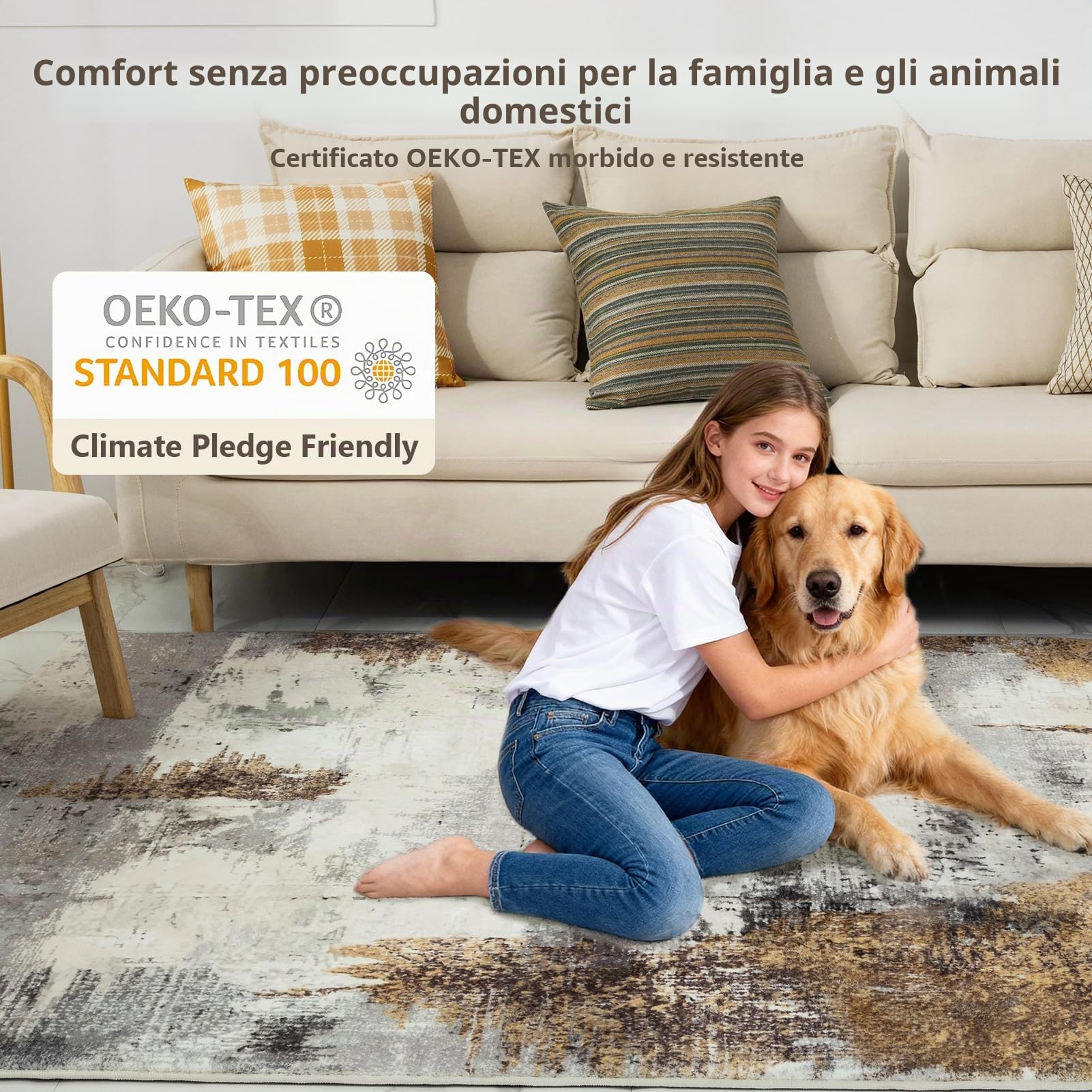 VK·LIVING Tappeti per il Soggiorno Aggiornati 14.5mm Spugna Spessa Tappeto | Astratto Moderno Antiscivolo Tappeto a pelo Medio per Soggiorno Camera da letto Ufficio Grigio oro 160X230CM
