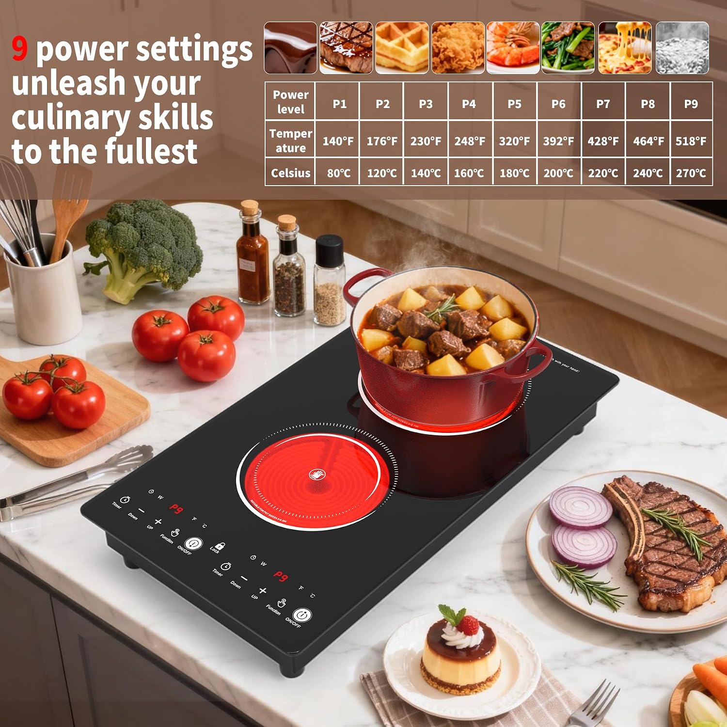 VBGK Electric Cooktop,110V 2100W Stove Top with LED touch Control,9 Power Levels, Kids Lock & 2H Timer,Overheat Protection stove,12 Inch 2 burner Electric cooktop image 4