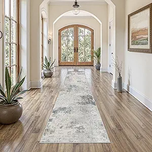 2X10 Washable Runner Rug for Hallway: Soft Neutral Modern Abstract Area Rug - Non-Slip Low Pile Long Throw Indoor Carpet for Kitchen Entryway Kitchen Bedroom Laundry - Blue Grey