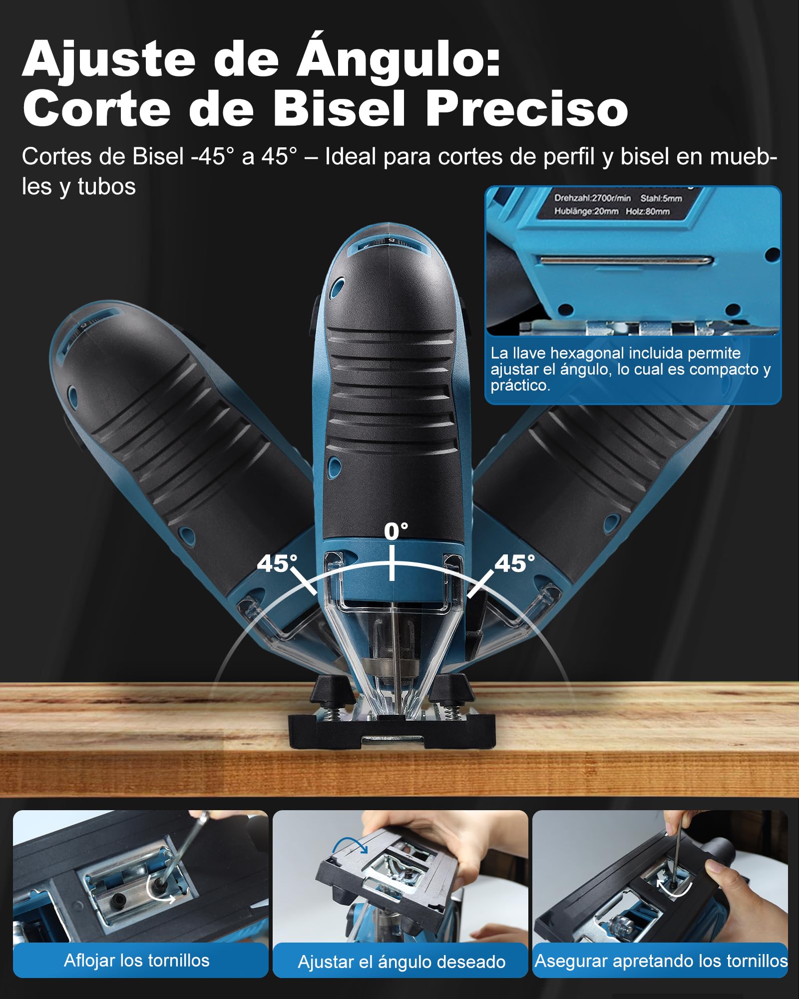 Sierra de calar inalámbrica compatible con Makita, para Einhell, para baterías Bosch, 7 niveles de control de velocidad variable, sierra de calar inalámbrica con hoja de sierra para madera, PVC