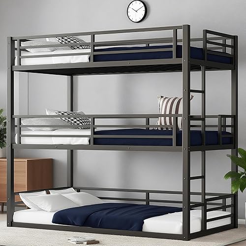 Bellemave Heavy Duty Triple Bunk Bed for Multiple Kids,Twin Over Twin Over Twin Size Bunk Beds with Storage Board for 3 Kids,Metal Triple Bed for Boys Girls,Black
