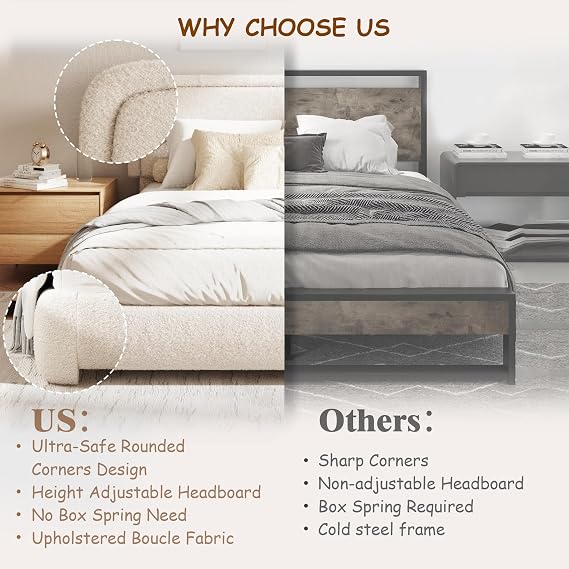 Queen Size Boucle Bed Frame, Upholstered Platform Bed with Height Adjustable Headboard & Soft Rounded Corners, Noise Free, Easy Assembly, No Box Spring Needed, Beige
