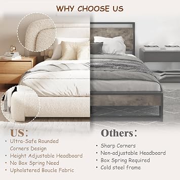 Queen Size Boucle Bed Frame, Upholstered Platform Bed with Height Adjustable Headboard & Soft Rounded Corners, Noise Free, Easy Assembly, No Box Spring Needed, Beige