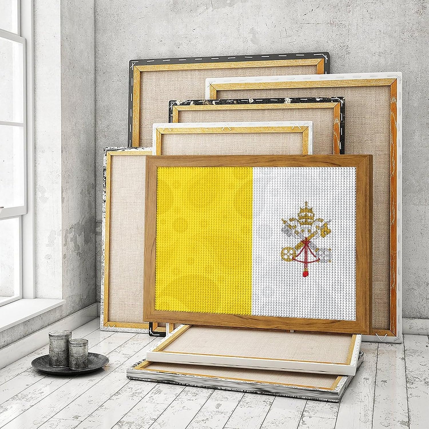 Vatican City Flag Paisley Printed Diamond 5D Painting Kit 16x20in DIY Full Drill Craft with Tools for Home Wall Decor Gift Yellow Wood 50 * 40cm
