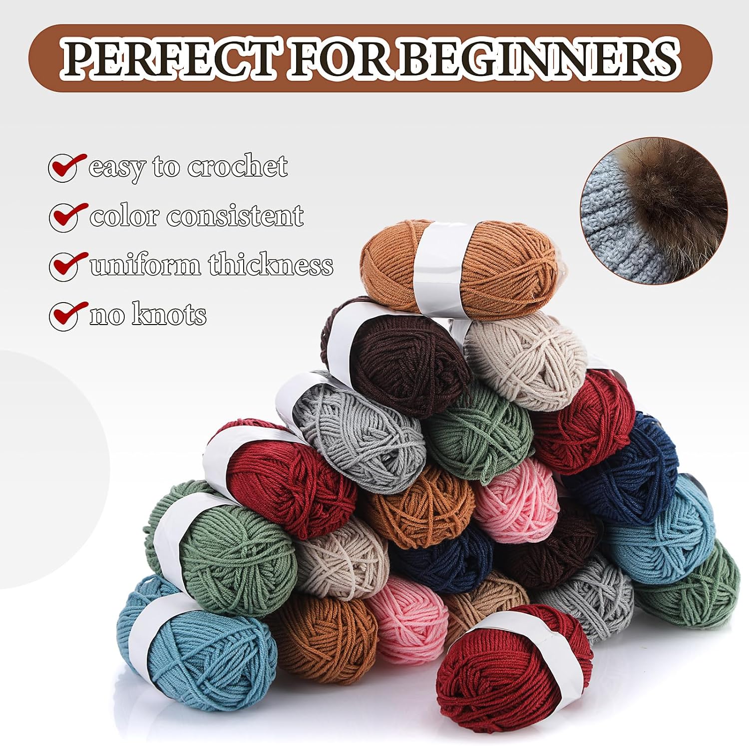 Knitgrip Soft Yarn Bulk for Crocheting, 3674 Yds 40 Skeins, 20 Pcs Faux Fur Hat Pom Poms with Elastic Loop, 10 Colors Yarn Crochet and Knitting Starter Kit for DIY Colorful Craft, Morandi Series