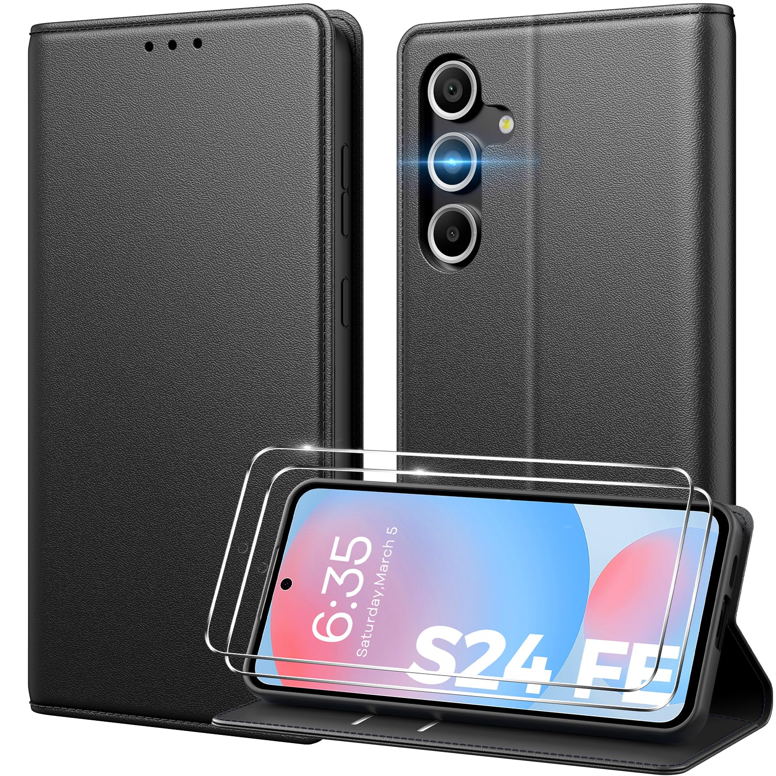 Peakally Handyhülle für Samsung Galaxy S24 FE Hülle [Mit 2 Stück Panzer Schutz Glas] [Premium PU Leder] [Kartenfach] [Ständer] Klapphülle Kompatibel mit Samsung S24 FE, Schwarz