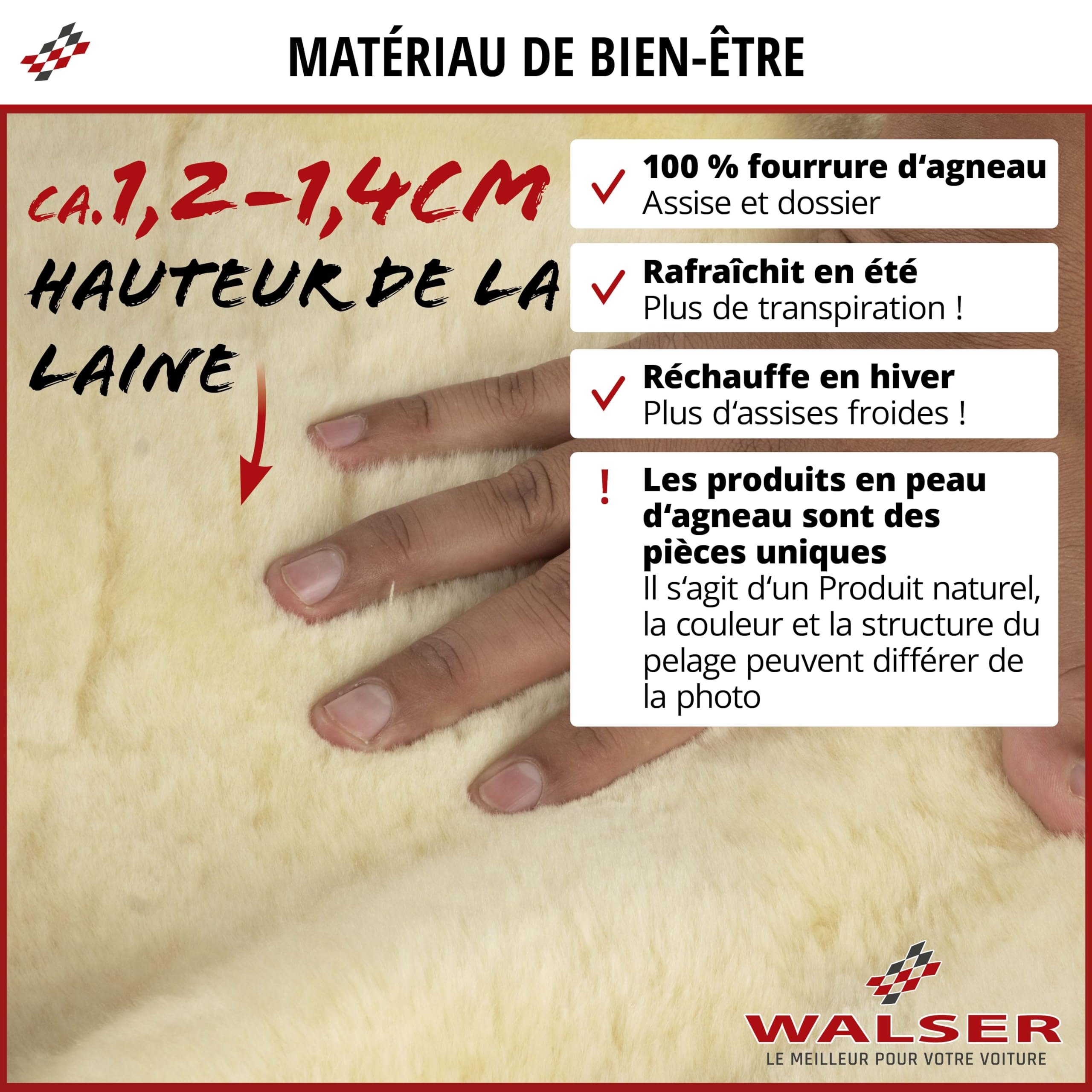 WALSER Protège-siège en peau d'agneau Cosmo, 100% peau d'agneau pour siège de voiture, housse de protection en fourrure noir