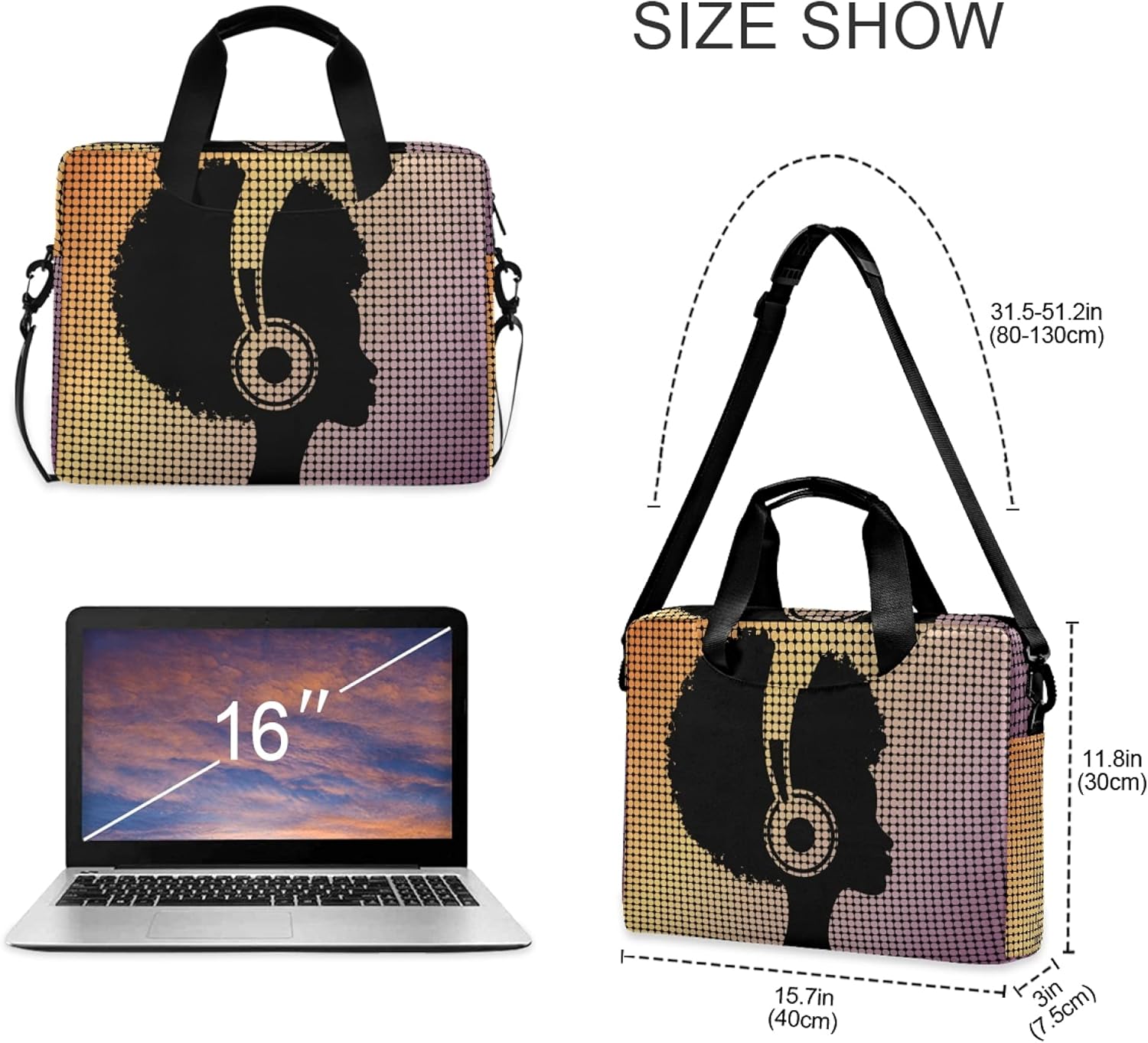 ALAZA African American Woman Afro Music Laptop Case Bag Sleeve Portable Crossbody Messenger Briefcase w/Strap Handle, 13 14 15.6 inch