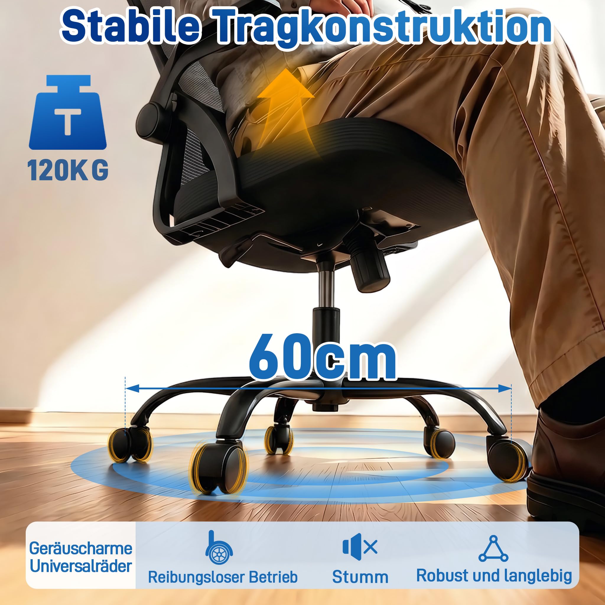 XMTECH Bürostuhl Mesh-Netzrücken klappbare Armlehnen 120kg Homeoffice | Atmungsaktives Mesh, 8 cm Polster, Sitzhöhe 43–51 cm, 105° Wippfunktion, ideal als Schreibtischstuhl, Drehstuhl, Schwarz