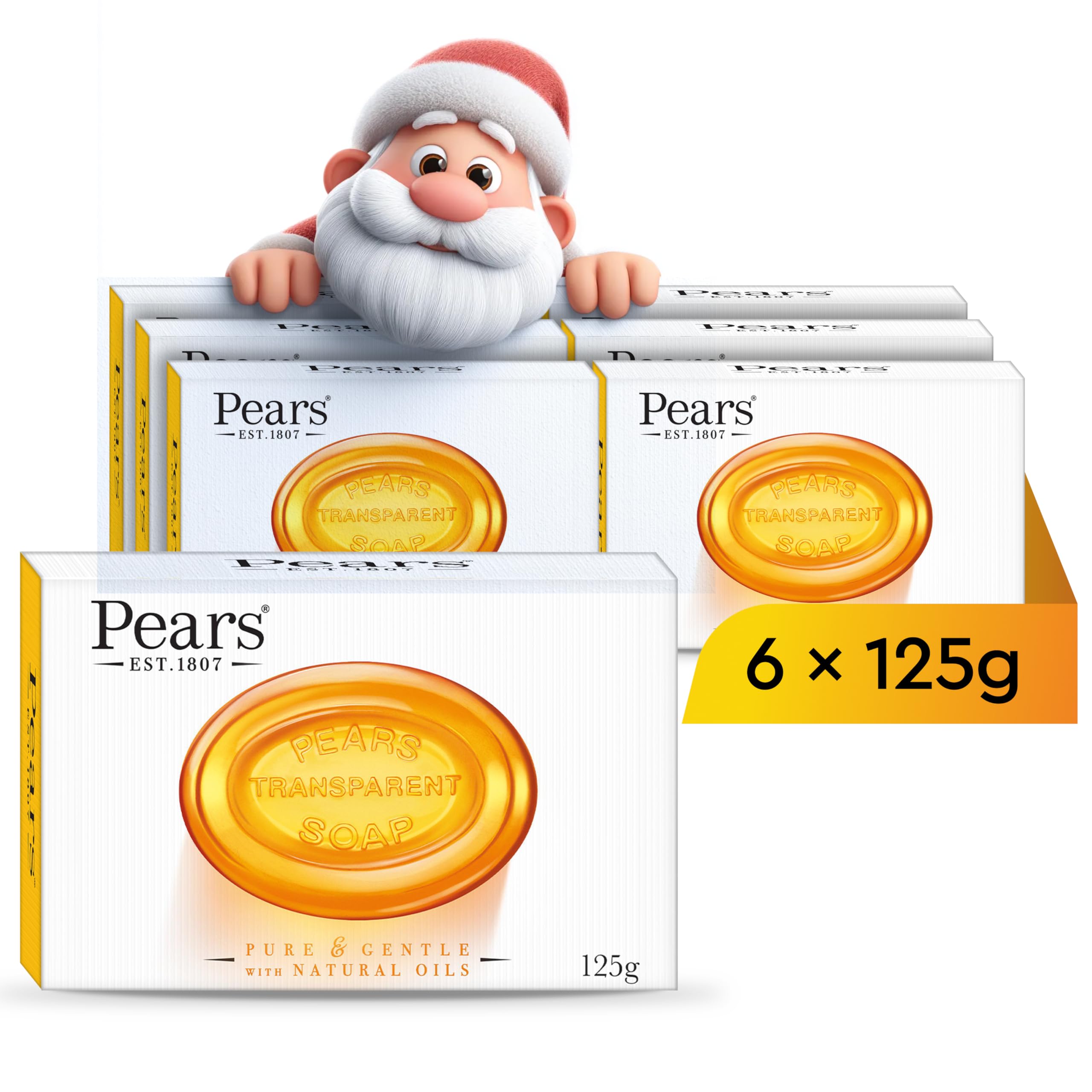 Pure & Gentle Transparent Natural Soap Bar - Made with Natural Oils, Nourishing and Refreshing Bathing Cleanser, Gentle & Soothing Skin Care, Pure Transparency, Pack of 6 x 125g