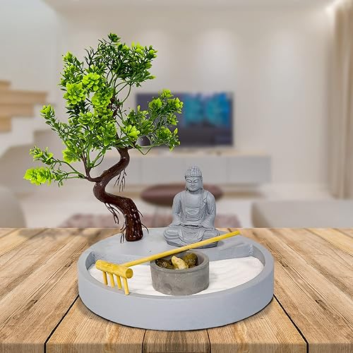 Miniatura 5 de Portavelas Zen Garden de forma redonda, con una mini estatua de Buda y un árbol bonsái, un arte japonés perfecto para relajación y meditación,