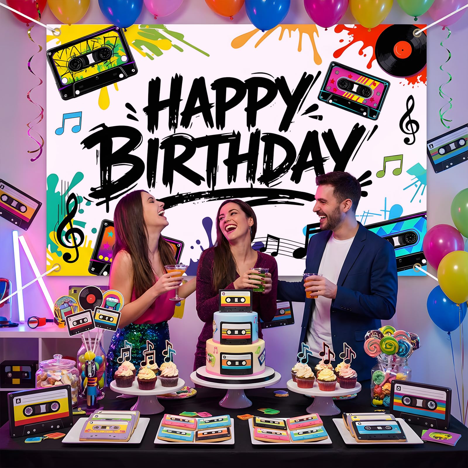 Cinta de casete para cumpleaños, telón de fondo con temática musical, caja de feliz cumpleaños, pancarta colorida de graffiti, música, audio, boombox, fondo de fotografía para niños y adultos
