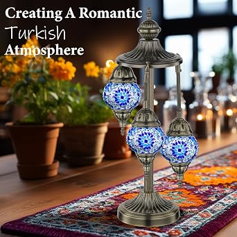 Marrakech 23 Turkish Mosaic Lamp Handmade 3 Globes Moroccan Table Lamp | Stained Glass Lamp with Tiffany Style, Bronze Base Decorative Accent Table Lamp for Living Room Bedroom Including LED Bulbs