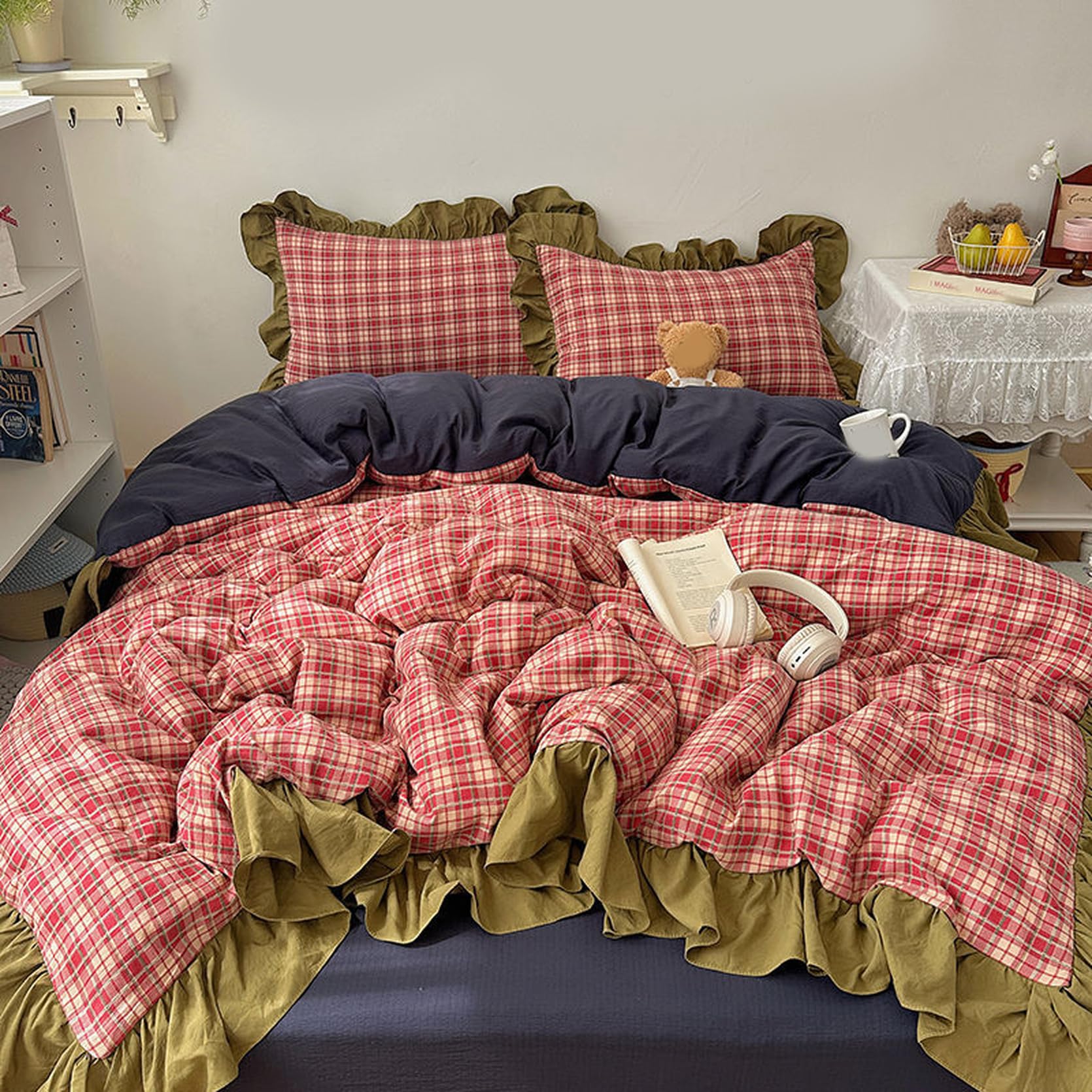 Amazon｜[OceanMap] 布団カバー フリル チェック柄 ストライプ