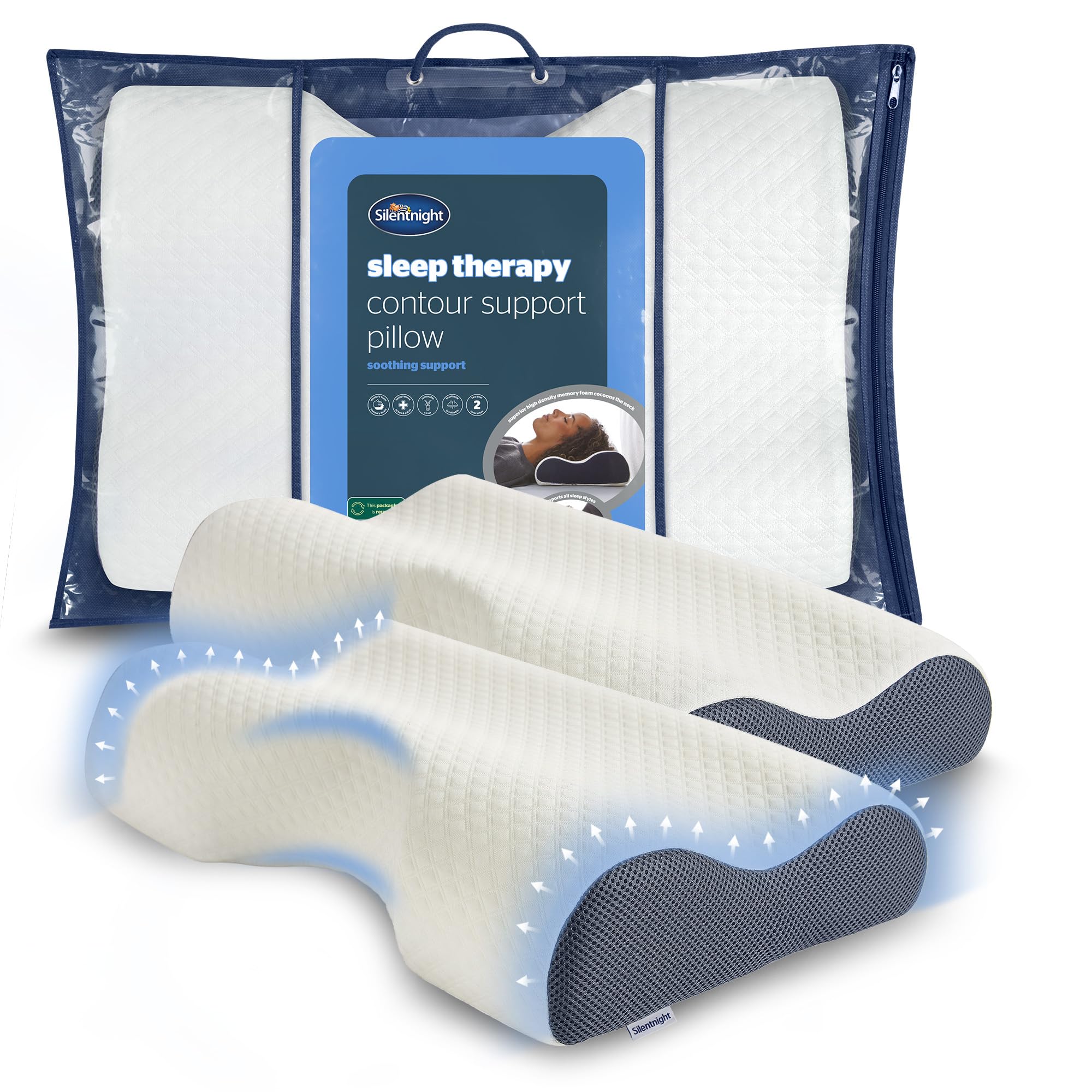 Silentnight Sleep Therapy Contour Memory Foam Pillow Pair - Firm Orthopaedic Support Pillow for Shoulder and Neck Pain Relief with Removable Cover and Breathable Air Mesh Sides, 2 Pack