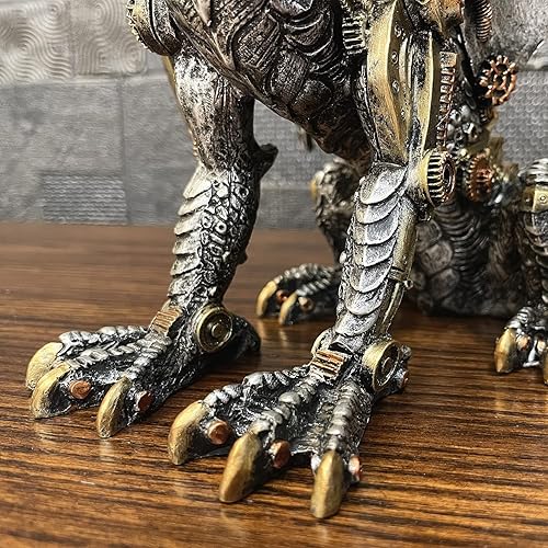 Miniatura 8 de Estatua de dragón steampunk gótica retro equipo mecánico sentado dragón de aspecto metálico, escultura de resina para el hogar, decoración de cuevas