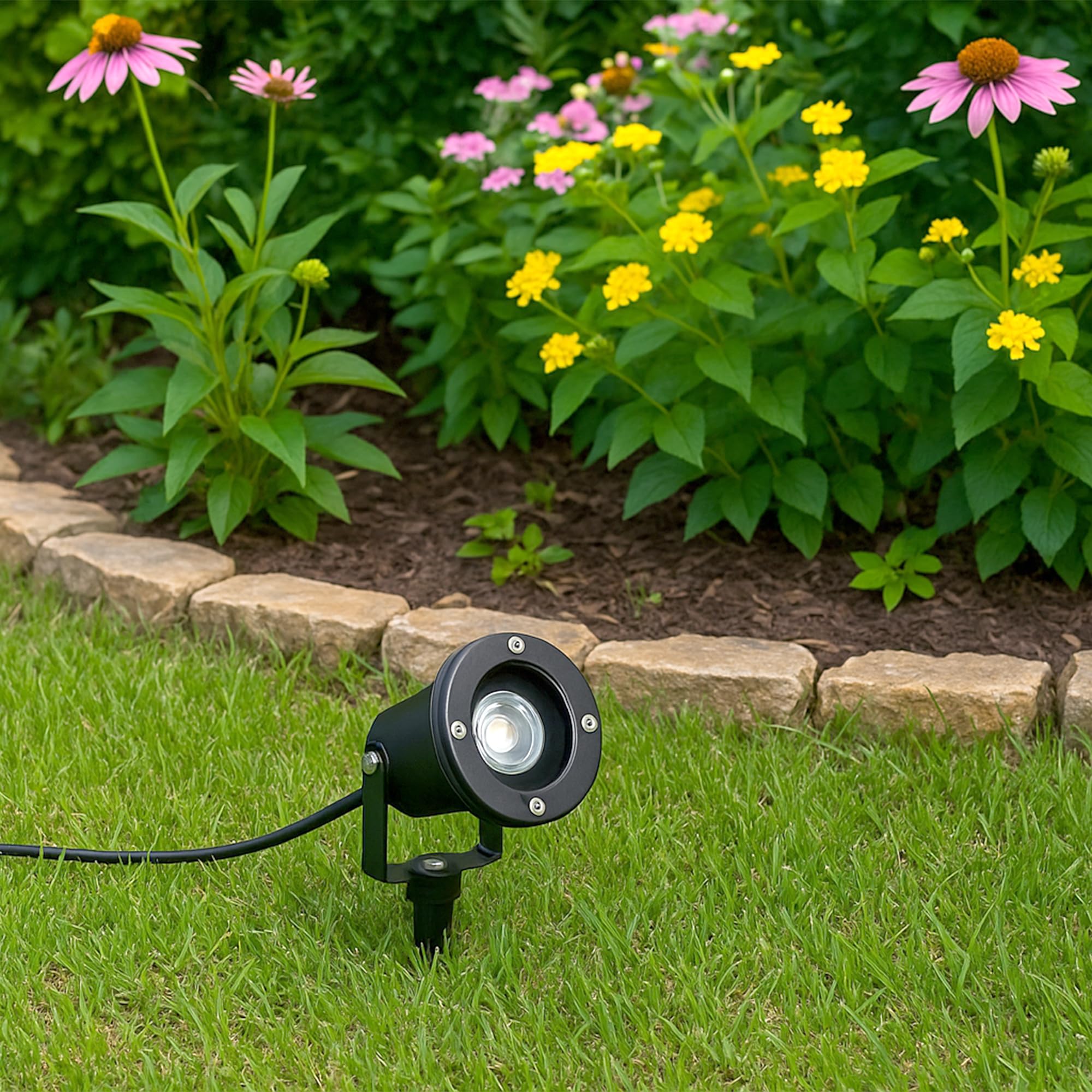 SSC-LUXon Gartenstrahler 2 Stück Erdspieß schwarz IP65 | Zwei Gartenspots mit Erdspieß für Rasen, Bäume & Wege - wetterfest IP65, 1,8m Kabel mit Schukostecker, für GU10 (ohne Lampe)