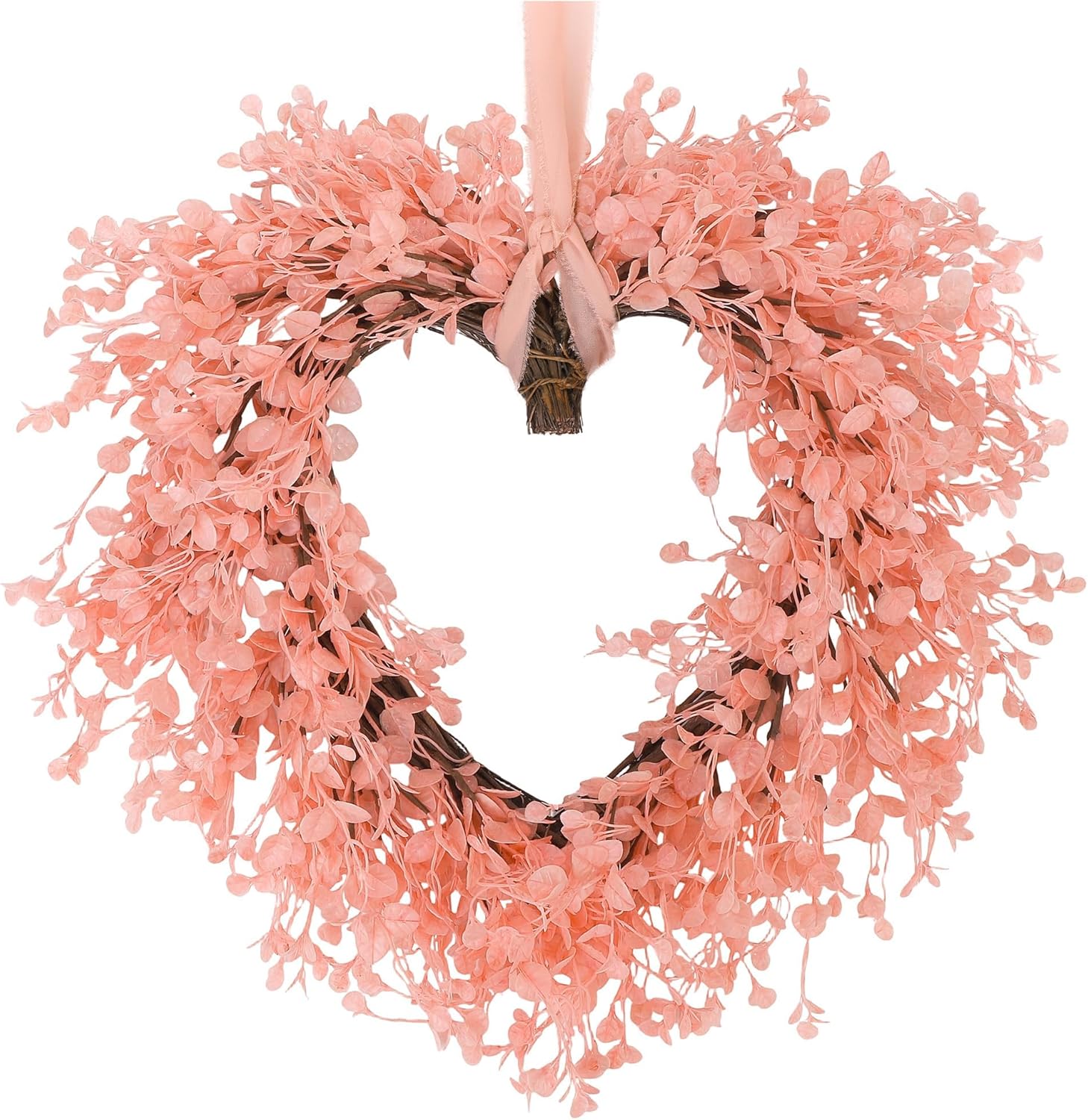 Aneco Valentine’s Day Heart Wreath 18 Inch Pink Artificial Floral Wreath with Ribbon Door Wall Window Hanging Decor for Wedding Anniversary Holiday