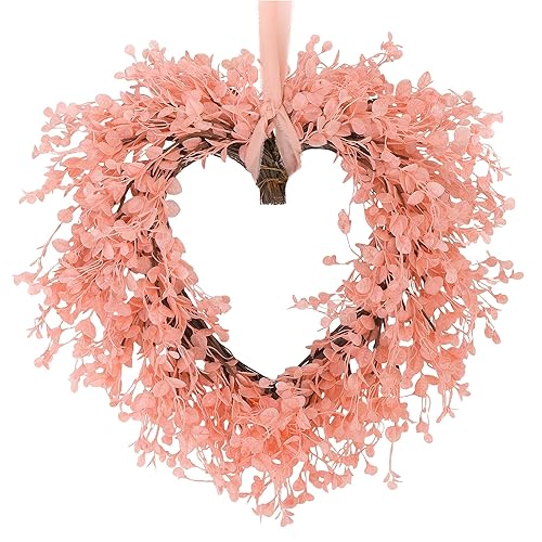 Aneco Valentine's Day Heart Wreath 18 Inch Pink Artificial Floral Wreath with Ribbon Door Wall Window Hanging Decor for Wedding Anniversary Holiday