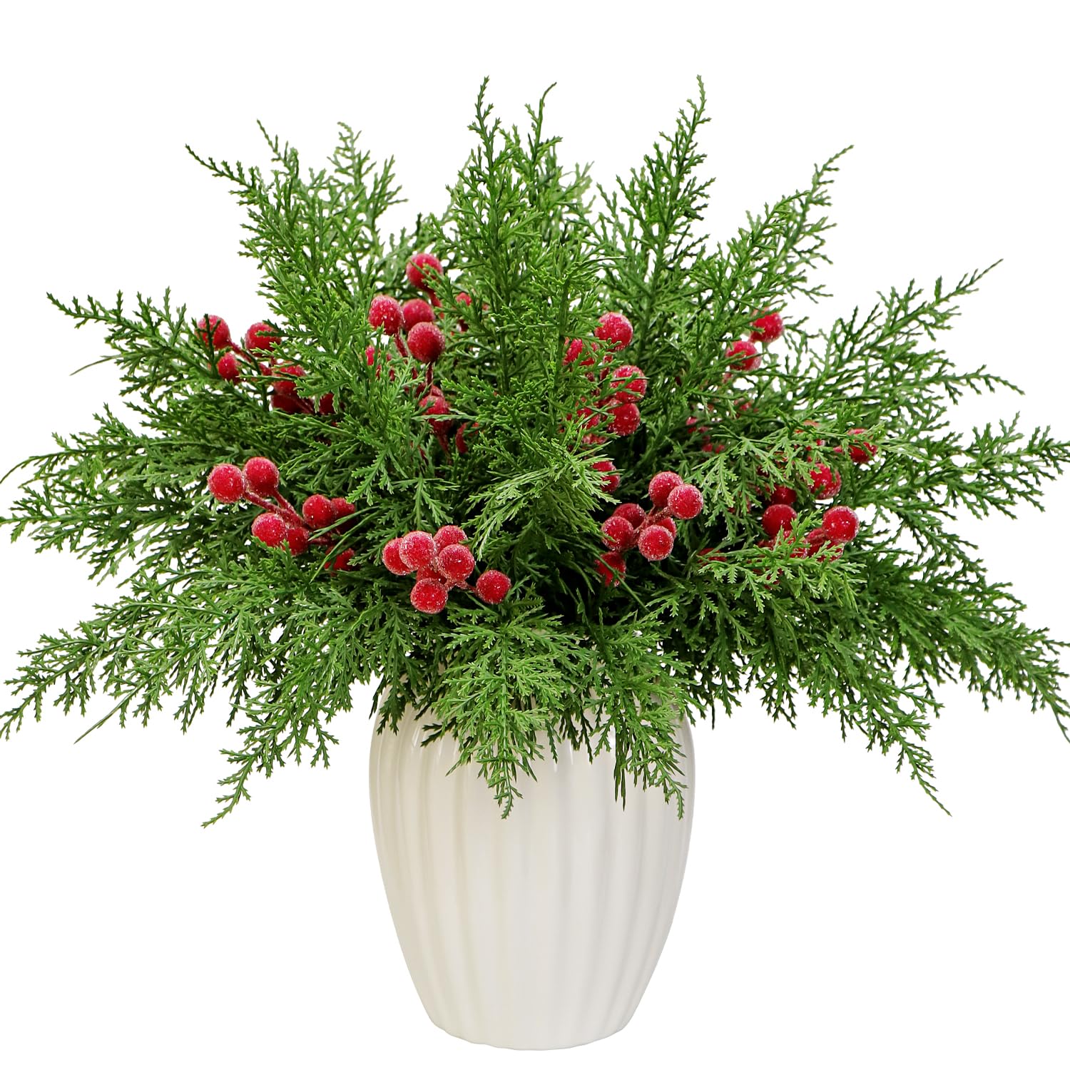 Set mit 40 künstlichen Tannenzweigen, Weihnachtsstechpalmenbeeren, Stiele, künstliche immergrüne Zedernzweige zum Basteln, Wintergrün, gefrostete Beerenspieße, Urlaub, Weihnachtsbaum, Vasenfüller