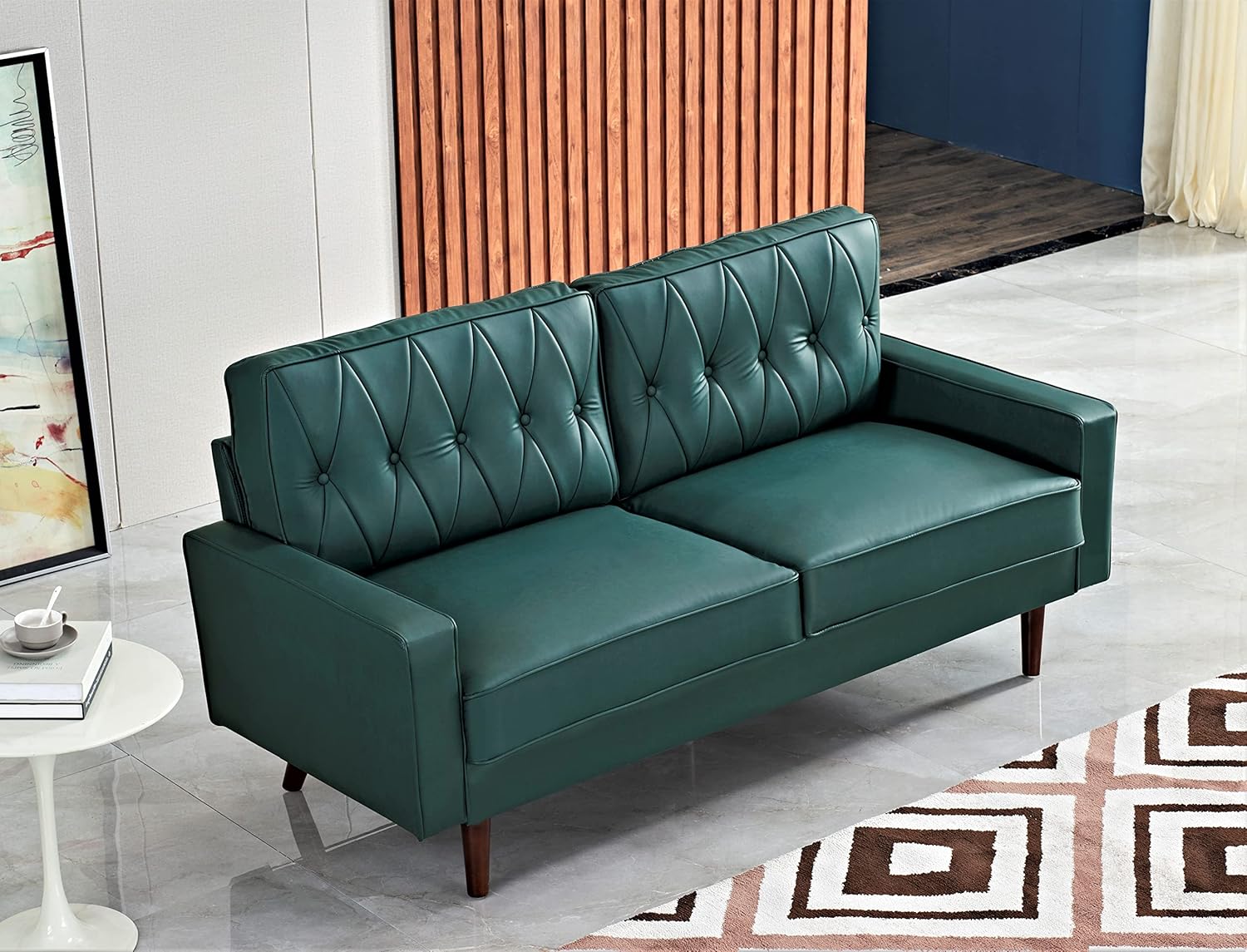 Container Furniture Modern Style Faux Leather Sofa with Elegant Round Tapered Legs and Button Tufted Backrest Perfect for Living Room, Bedroom or Home Office, 69.3’’ Wide, Blue Green