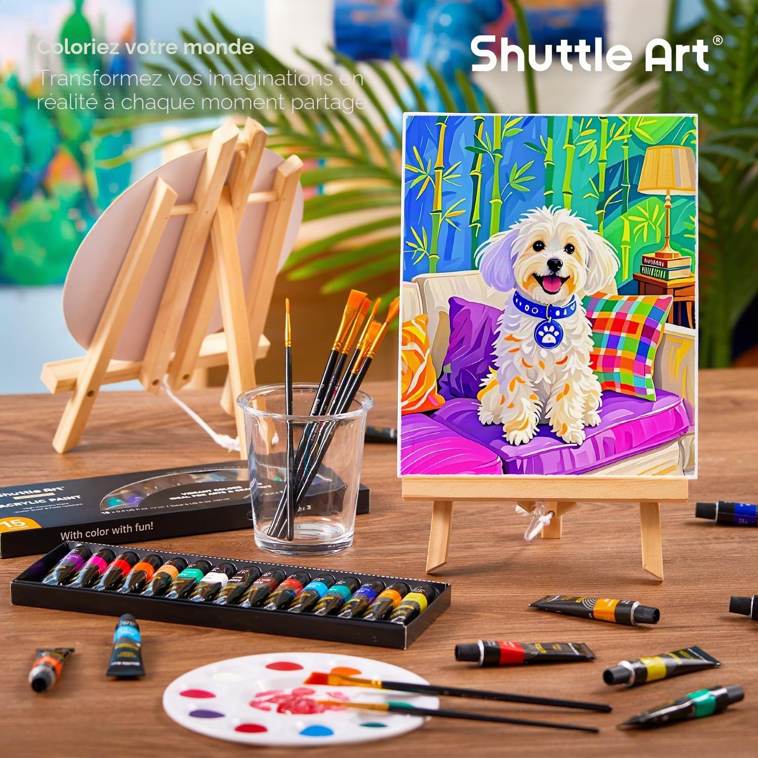 Shuttle Art Kit Peinture Acrylique 58 Pièces, 2 x 15 Tubes Peinture Acrylique (12ml), 2 Chevalets, Toiles, Pinceaux, Palettes, Fournitures Artistiques pour Adultes/Débutants